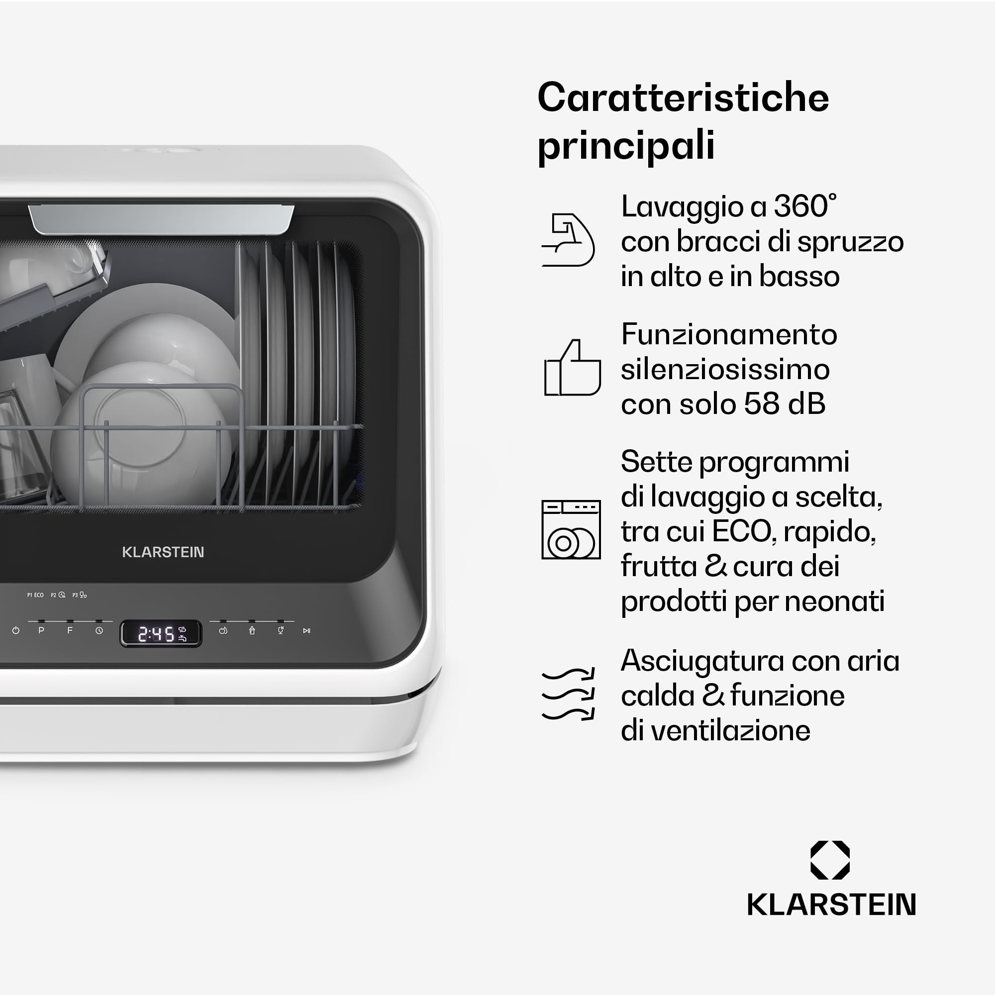 Klarstein Amazonia Mini Lavastoviglie – Portatile Compatta, 7 Programmi, 5L Serbatoio o Attacco Diretto, Silenziosa 58dB, Classe energetica D, Display Digitale, per Cucine Piccole, Nero