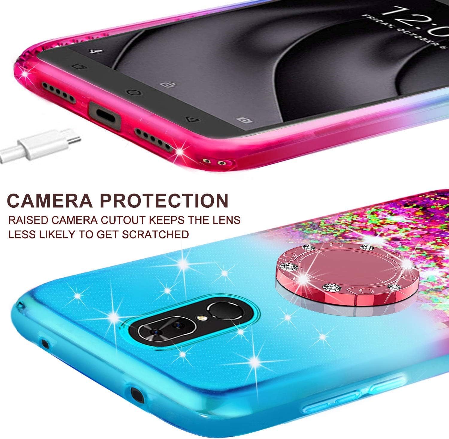 Coolpad Legacy Case (Not Go Version) w/Tempered Glass Screen Protector Liquid Quicksand Glitter Cute Ring Kickstand Bling Stand Girls Women Phone Cases for Coolpad Legacy 6.4inch - Teal/Pink