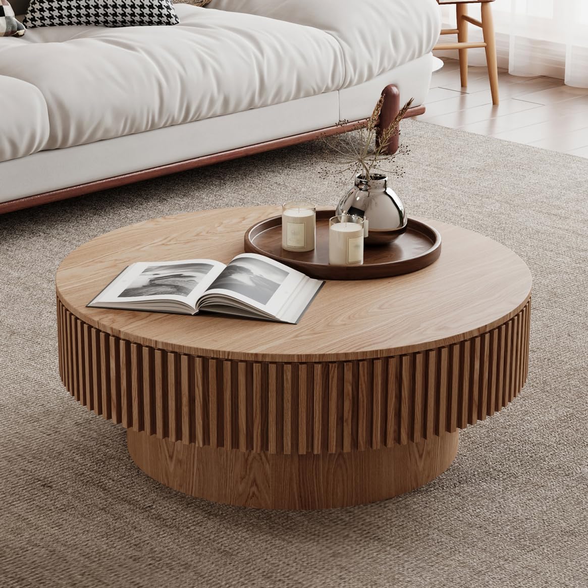 Tavolino rotondo, 75 cm di profondità x 75 cm di larghezza x 35 cm di altezza | Tavolino da salotto moderno, tavolino da salotto e vano portaoggetti, tavolino da divano impiallacciato in legno massello