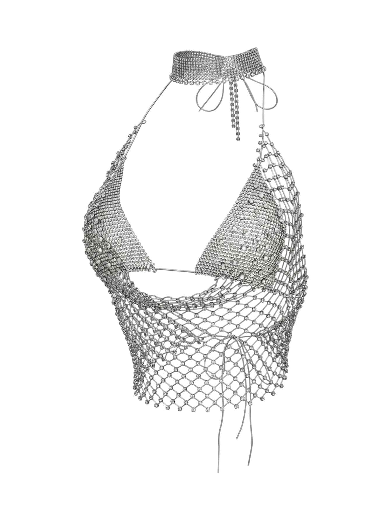 SweatyRocks Women's Rhinestone Fishnet Crop Halter Top Club Party Tops Sexy See Through Tops, Deep V Cowl Neck, Sleeveless, Tie Backless, Cropped, 2 In 1 Streetwear