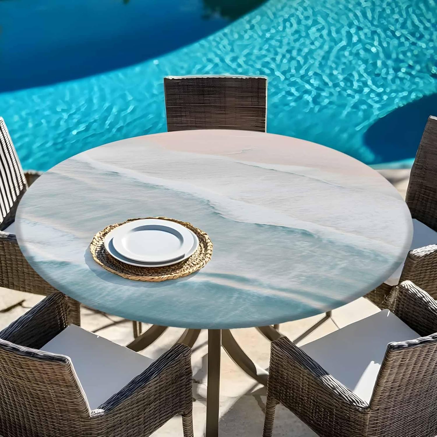 Coastal Tablecloth Round Fitted,Beach Table Cover Waterproof Reusable Ocean Table Cloth with Elastic Edge for Kitchen Dining Party Sea Wave 55-60in