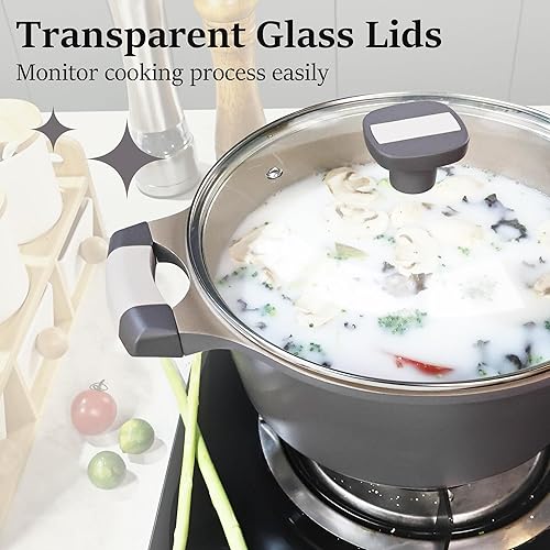 Miniatura 5 de HENSENMEN Juego de ollas y sartenes antiadherentes, 6 piezas de utensilios de cocina, apto para lavavajillas, juego de ollas y sartenes con sartén y