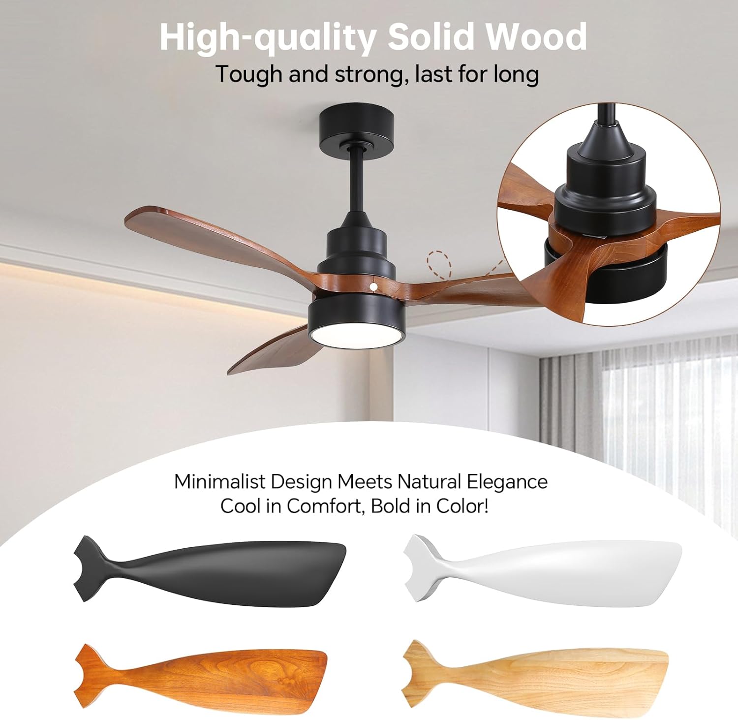 CACI Mall 48 inch Ceiling Fans with Lights, Smart Indoor/Outdoor Ceiling Fan, Remote Control, Compatible with Alexa/Google, Small 3 Blade Solid Wood Ceiling Fans for Bedroom Patio