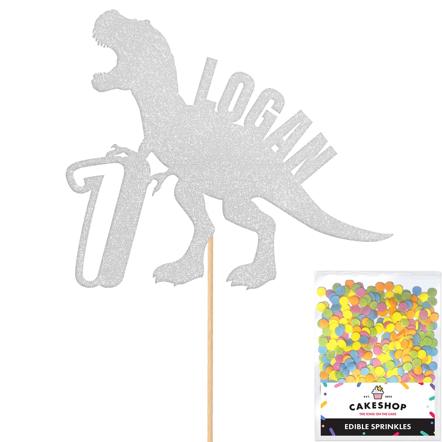 Personalised Birthday Dinosaur Glitter Cake Topper- Light Silver Any Name & Age Glitter Cake Decoration and Sprinkles - Happy Birthday Decorations - Personalised Toppers for Cakes by Cakeshop — image 1