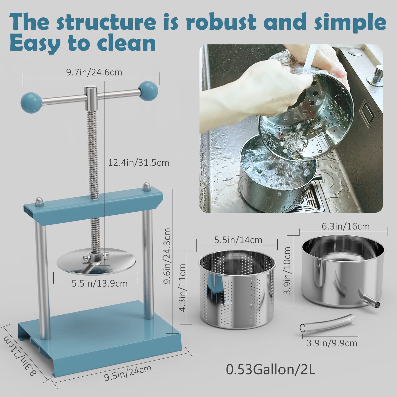 Presse à Fruits 3 Litres (0.8 Gallon) - Design Triangulaire Économe En Énergie, Pour Jus, Cidre, Vin, Fromage, Acier Et Fer