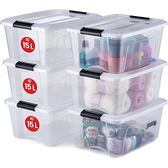 Iris Ohyama Set of 6 Storage Boxes 15 L with Clips Stackable Living Room Bedroom Garage - New Top Box NTB-15 - Transparent.
