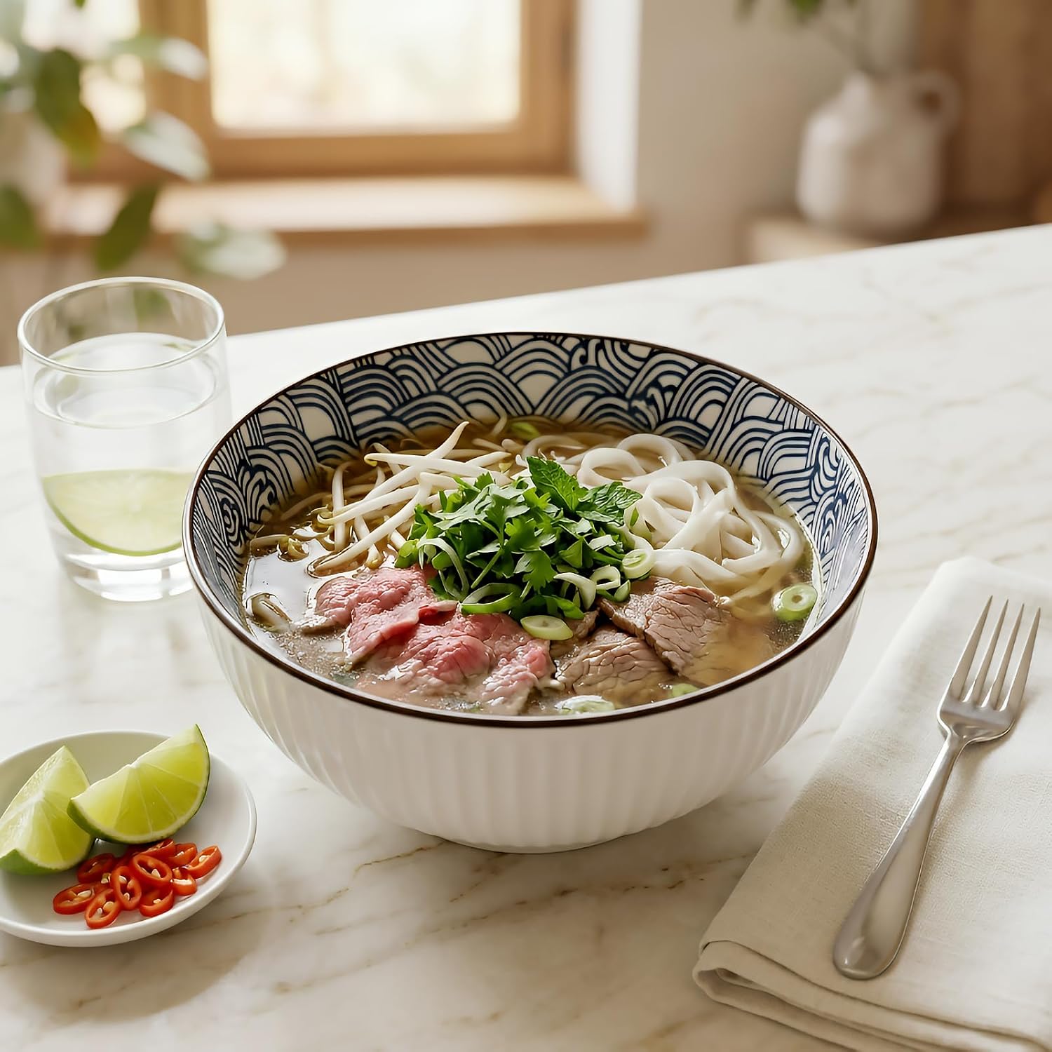 QINLANG Large Soup Bowls, Pho & Ramen Set of 3, 60 oz Blue & White Porcelain - Wave Pattern image 3