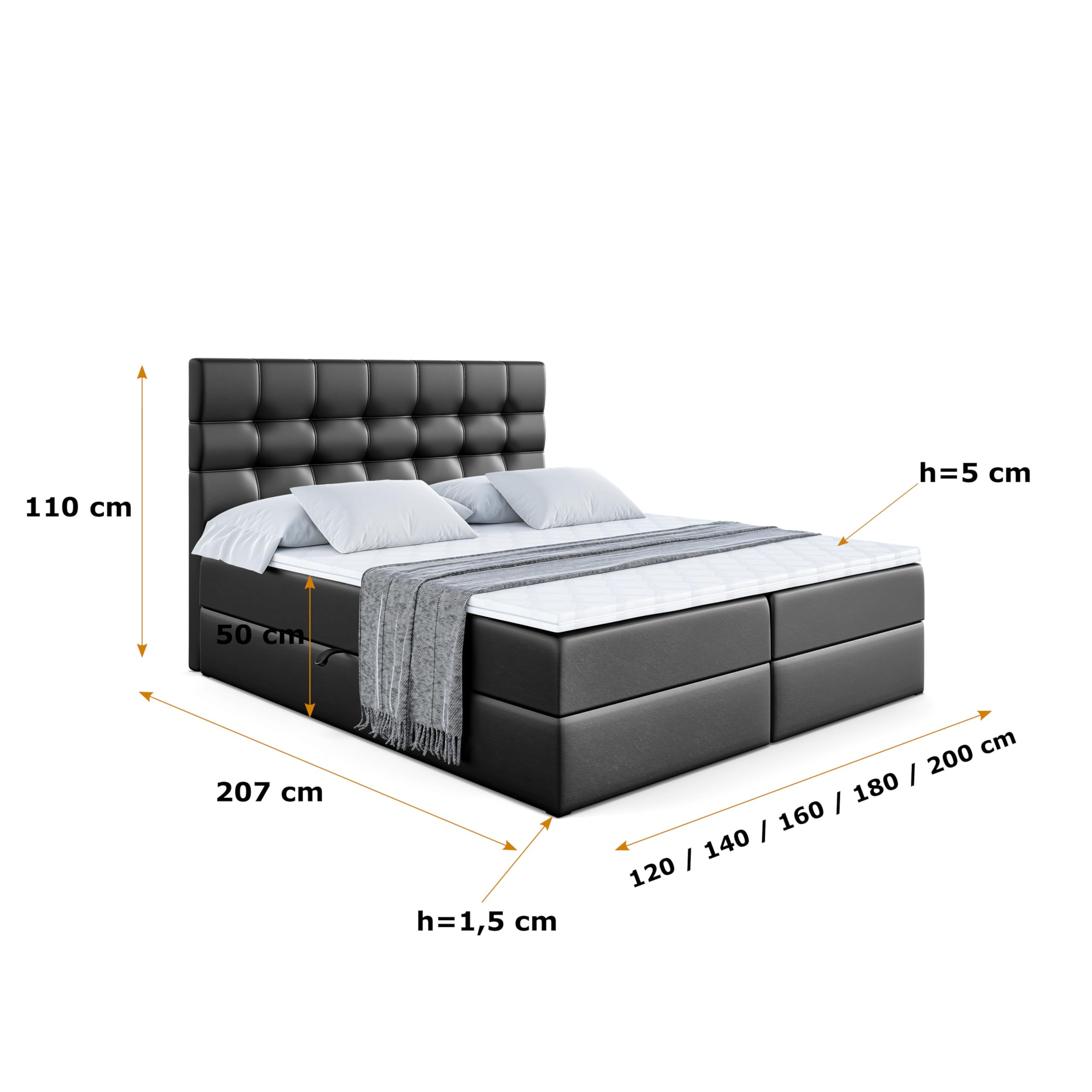 ALTDECOR Boxspringbett mit H4-Matratze BERO - 180x200 - Schwarz | Lattenrost, Topper, Boxspringbett mit Bettkasten, Bett mit Stauraum, Doppelbett, Polsterbett