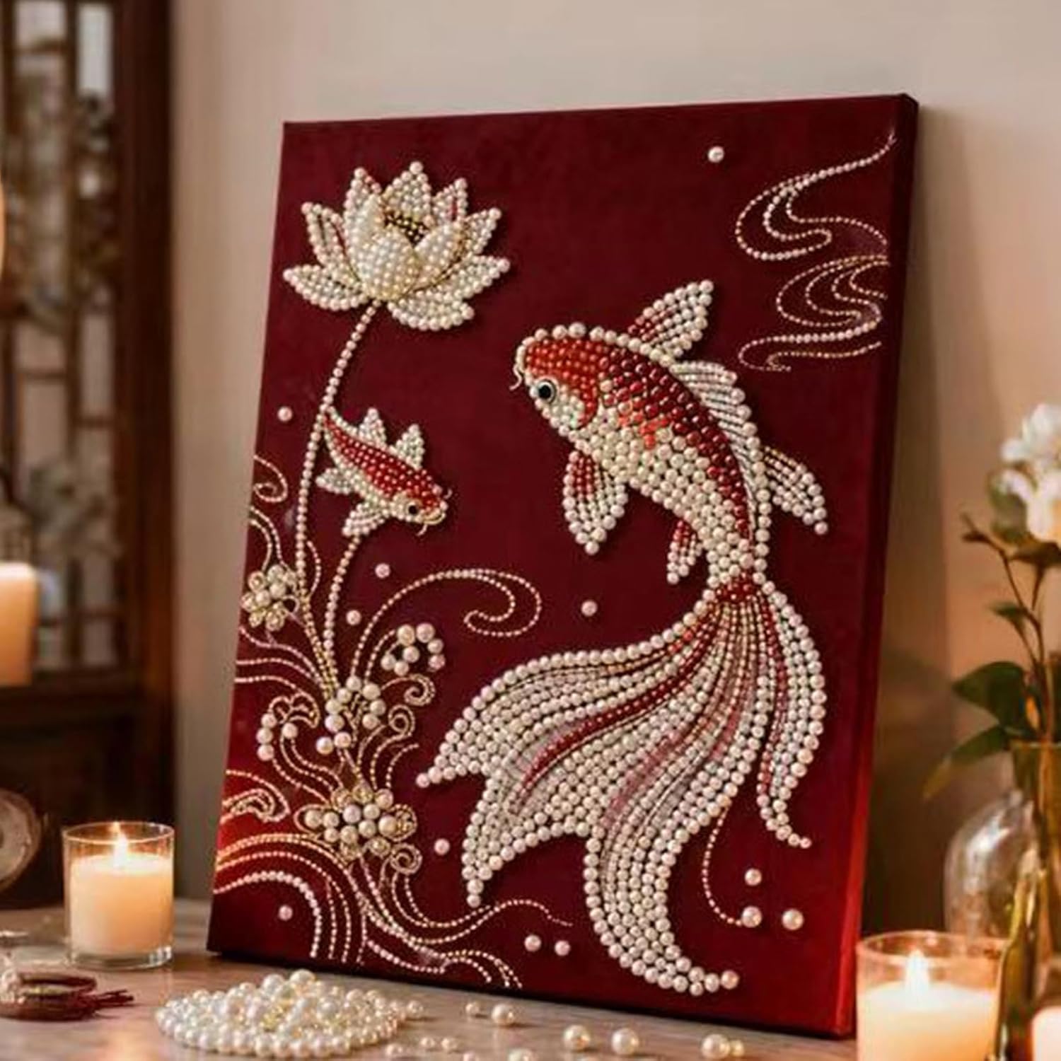 DIY Diamond Pearl Painting Kit for Adults, Flower 3D Pearl Painting Craft with Wooden Frame 40x50cm, Beginner Friendly Home Wall Decor Art, Gift for Women Men Housewarming (Lotus Fish)