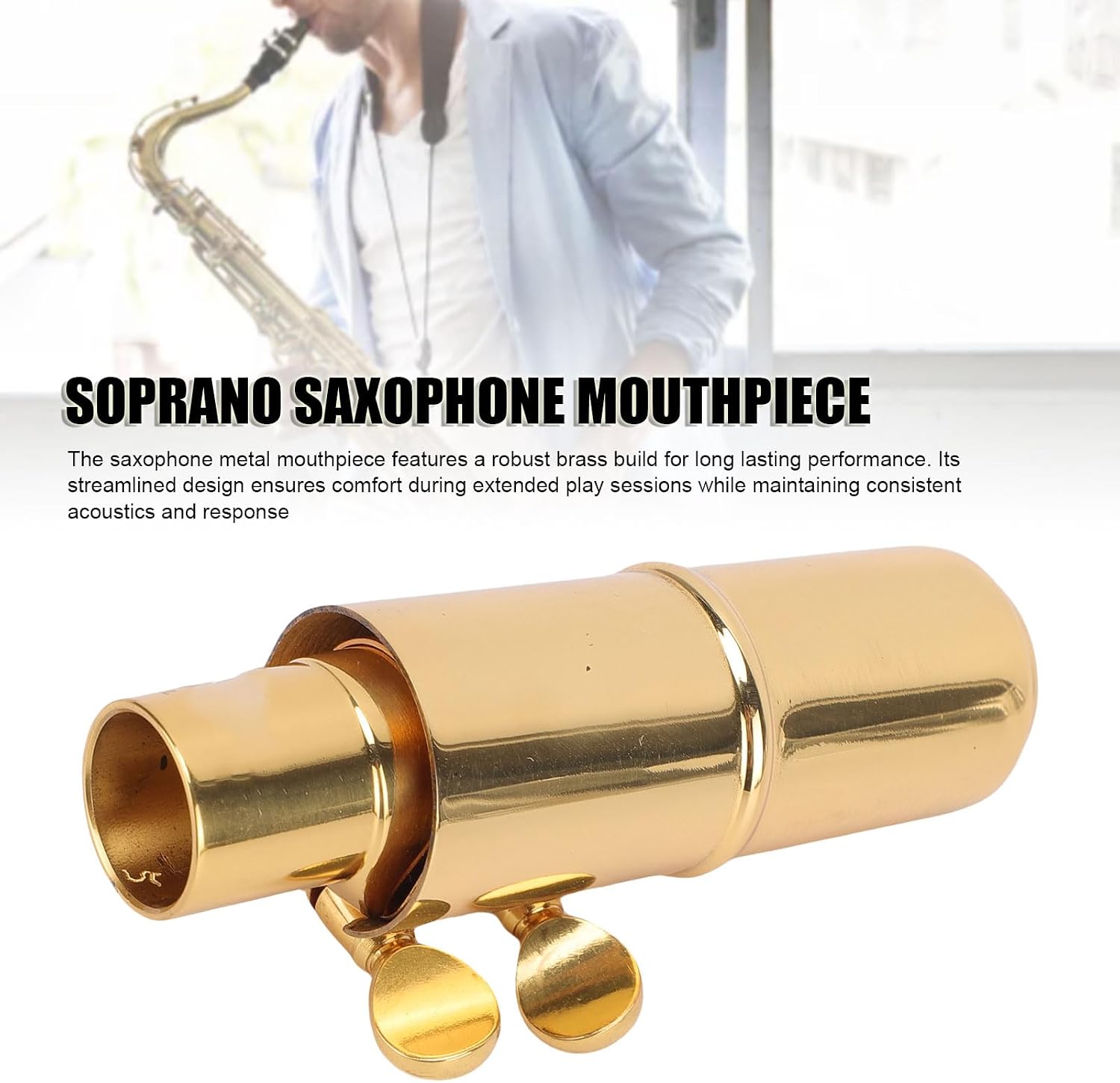 Cryfokt 13x4x3cm Sax Mouthpiece, Soprano Sax Mouthpiece with Cap Brass, Designed for Treble Saxophone, Sound Enhancement, Exquisite Sax Mouthpiece for Saxophone Enthusiast (Gold)
