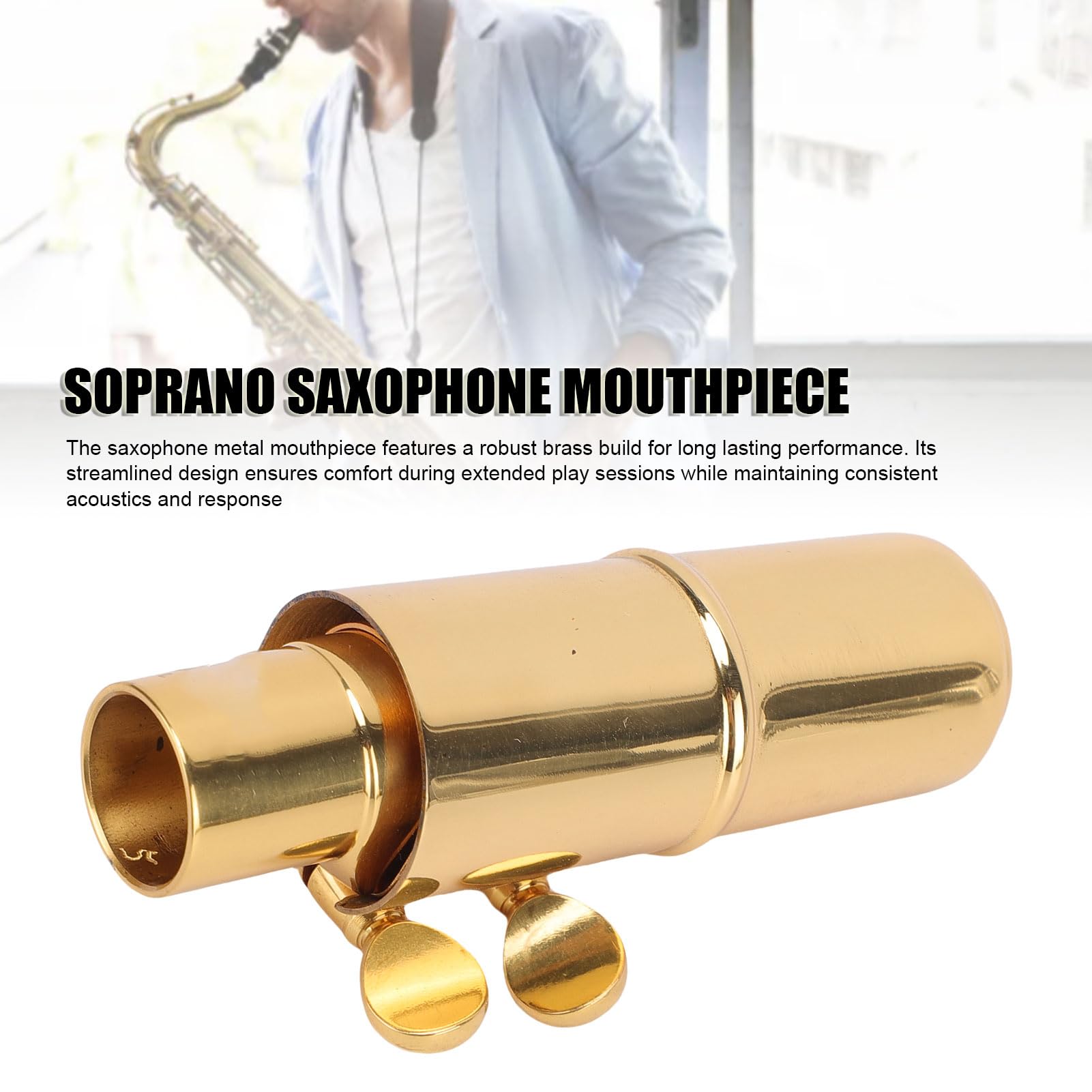 Luqeeg Tapa de la Boquilla de Saxofón Soprano, Boquilla de Saxo Bb de Metal de Latón con Tapa y Abrazadera, Mejora del Sonido y Estabilidad Optimizada para Estudiantes Principiantes