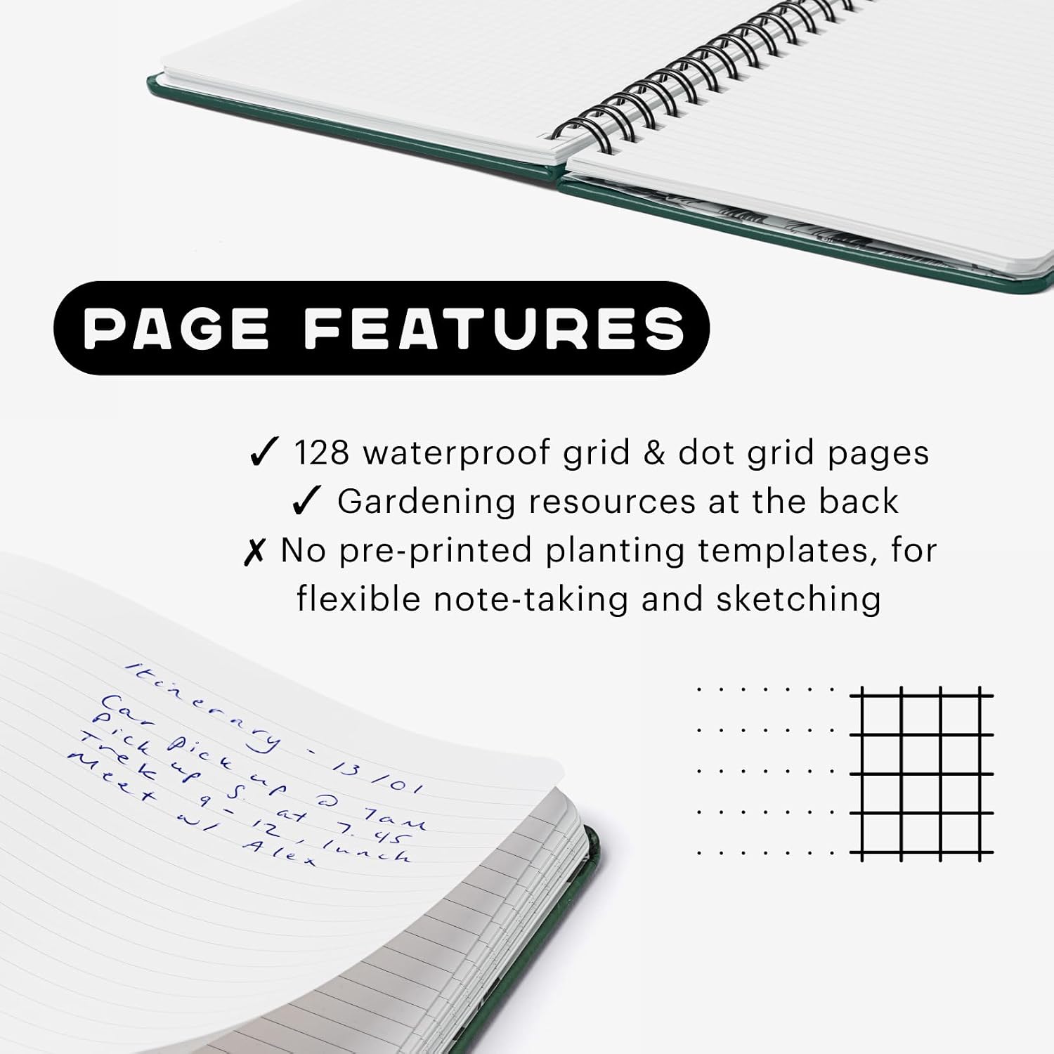 Stone Weatherproof Journal Gardening Notebook – A5 Ring-Bound, Vegan Leather Cover, Waterproof Paper, 128 Pages Half Grid & Dot Grid, Garden Planner with Plant-Spacing Resources (Green) image 2