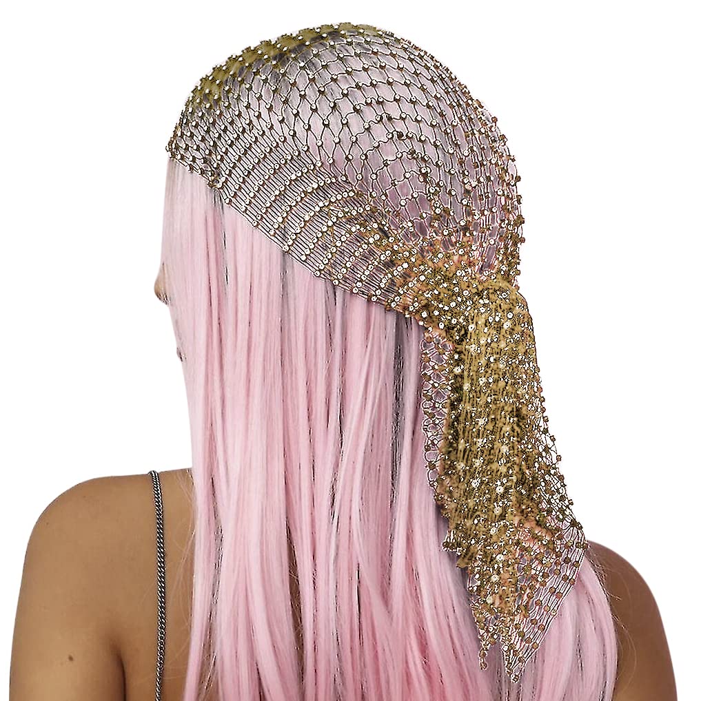 Mesh Rhinestone Beads Headband Hollow Sparkling Headdress Fishnet Elastic Headpiece Nightclub Crystal Headwrap Exotic Head Wrap Net Hair Accessories for Women