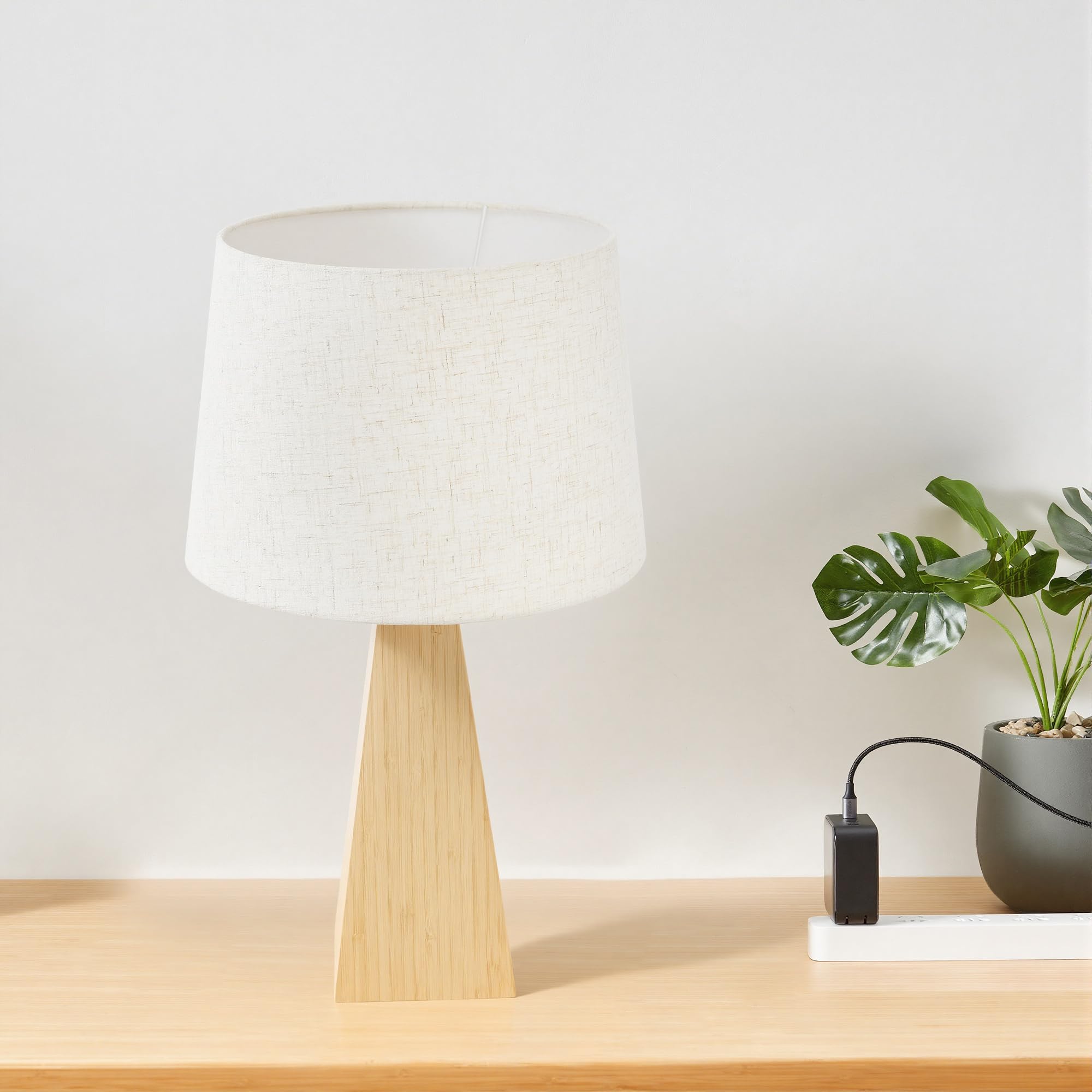 Bamboo Table Lamp with Linen Shade Modern Boho Bedside Nightstand Lamp for Bedroom Living Room Nature Geometric Aesthetic