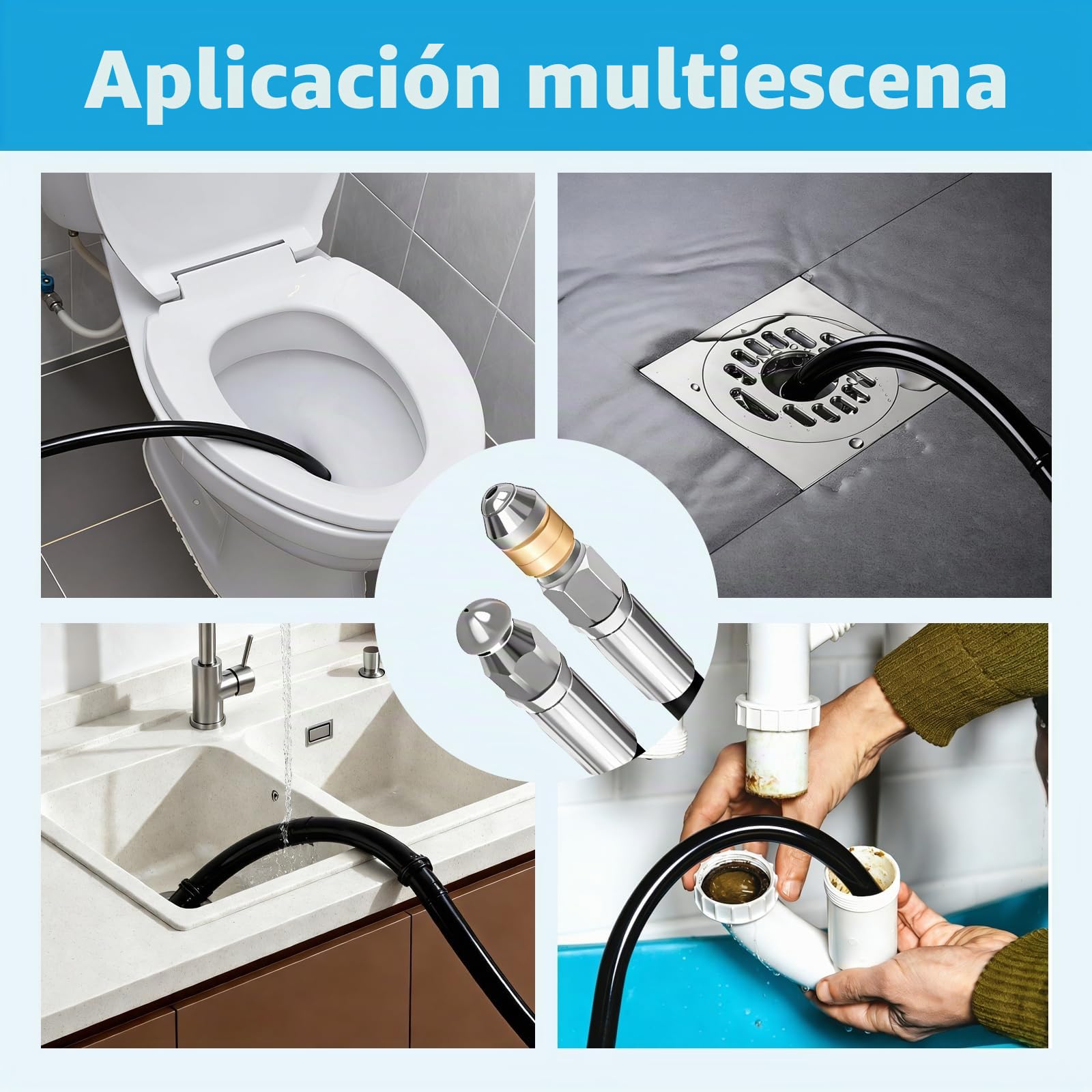 Manguera de Limpieza de Tuberías, 15m, 180 bar, M22, Boquilla Giratoria | Compatible con Kärcher K2–K7, Universal, Para desatascar tuberías, Uso en hogar y jardín