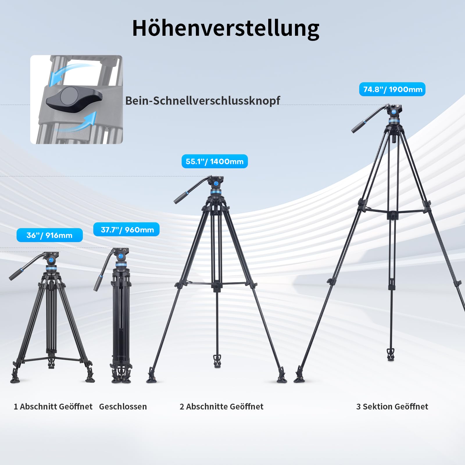 SIRUI AM-25S Profi Videostativ mit Fluidkopf, 190cm Aluminium Dreibein-Stativ für Kameras DSLR, 10KG Belastung