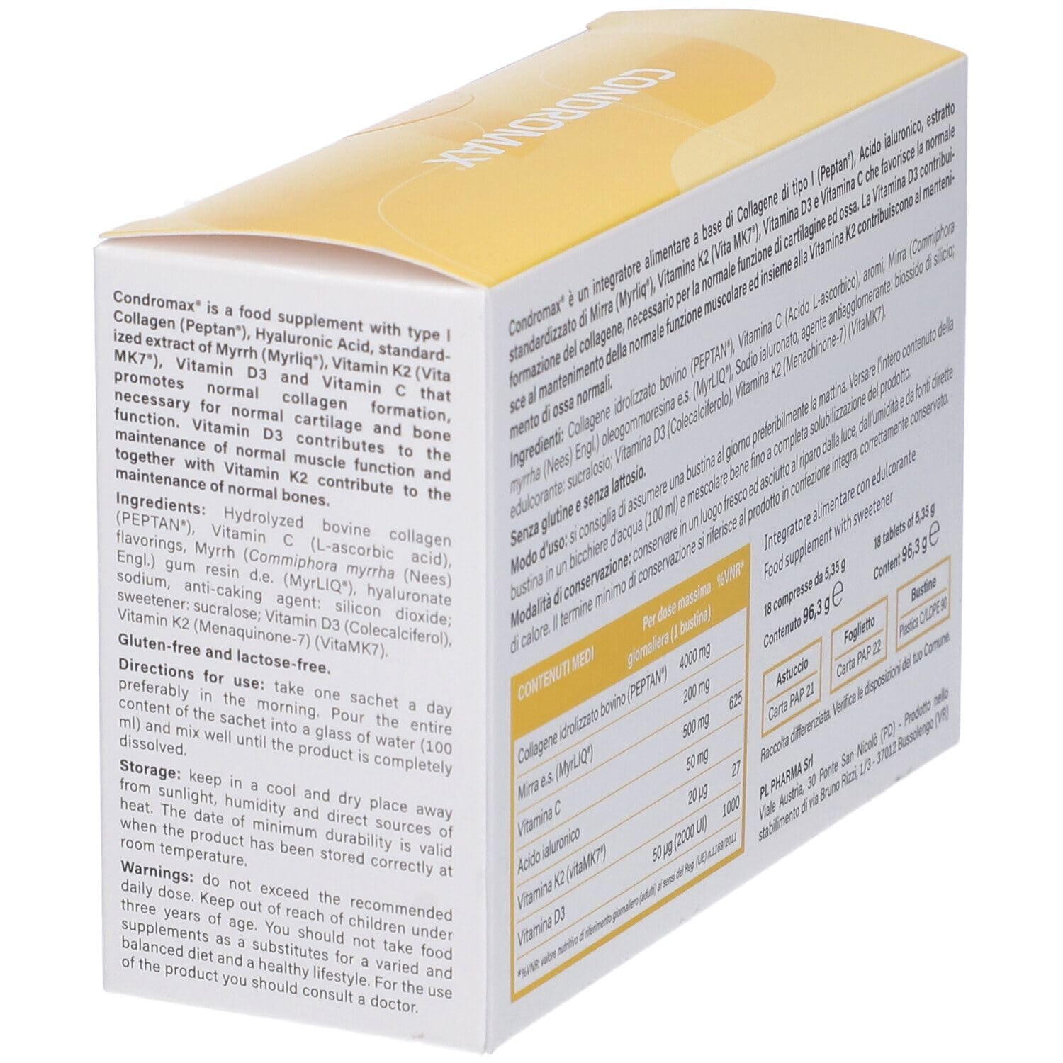 CONDROMAX 18 bustine - Integratore alimentare a base di collagene di tipo I (Peptan), acido ialuronico, estratto standardizzato di mirra (Myrliq), vitamina K2