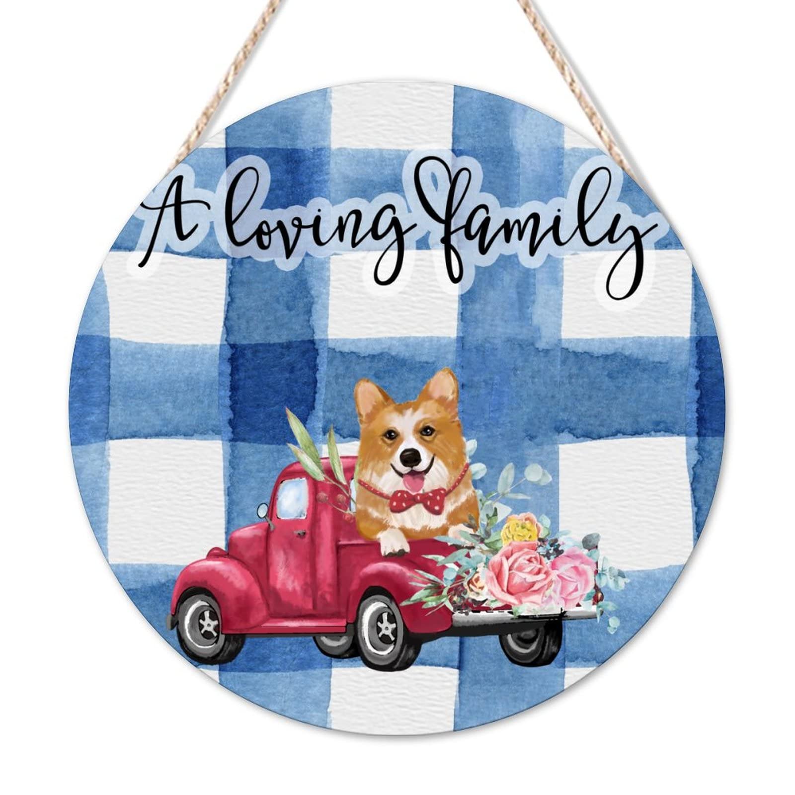 Welcome Sign A Loving Family Round Wood Signs Blue Buffalo Plaid Dog Red Flower Truck Wooden Wall Art Signs Garden Floral Classic Woodshop Garage Wall For Home Bathroom Indoor Kitchen Garden 12x12in