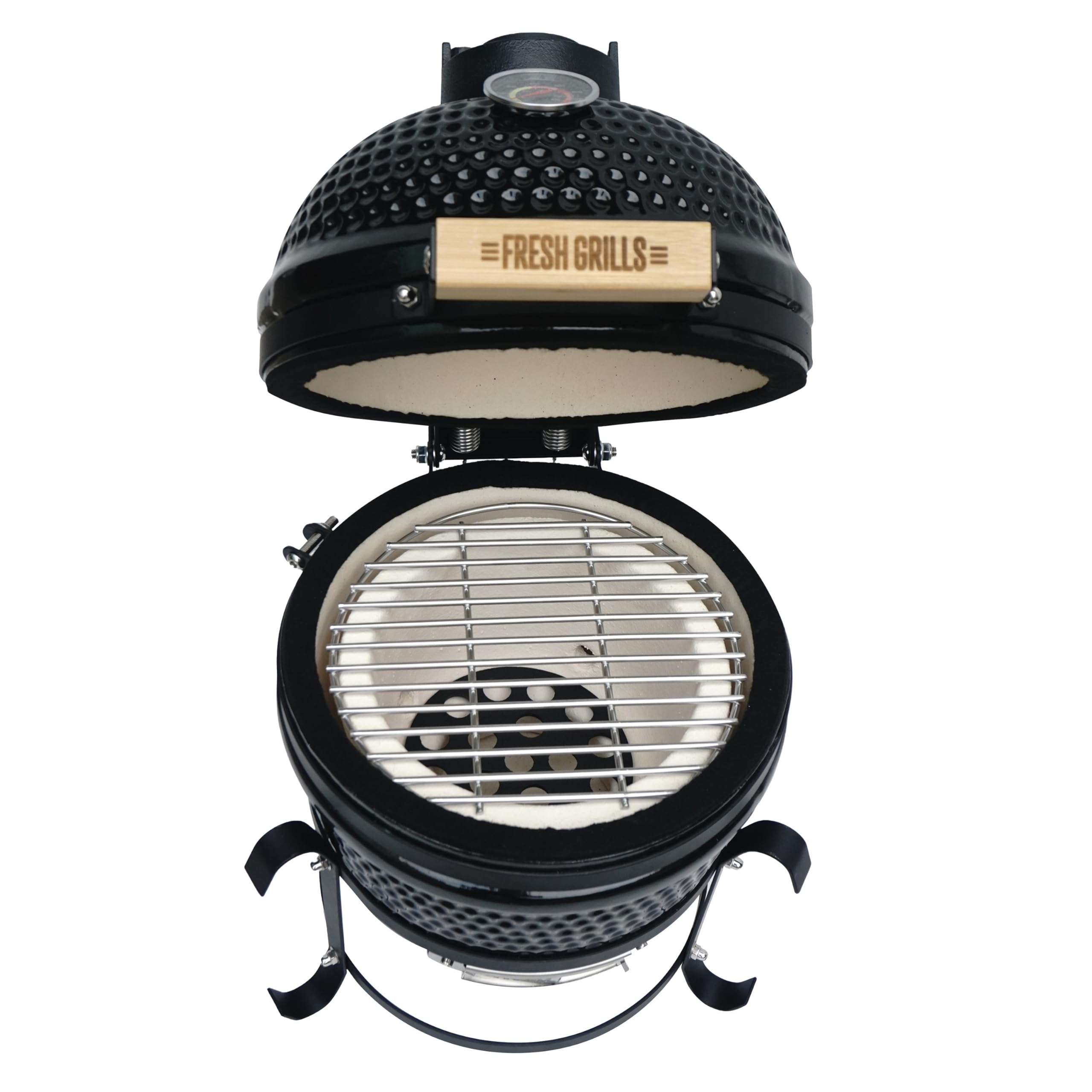 Parrilla Kamado Cerámica 33 cm (13”) Negra con Termómetro – Barbacoa de Carbón Compacta con Control de Temperatura, Acero Inoxidable, Incluye Funda y Utensilios