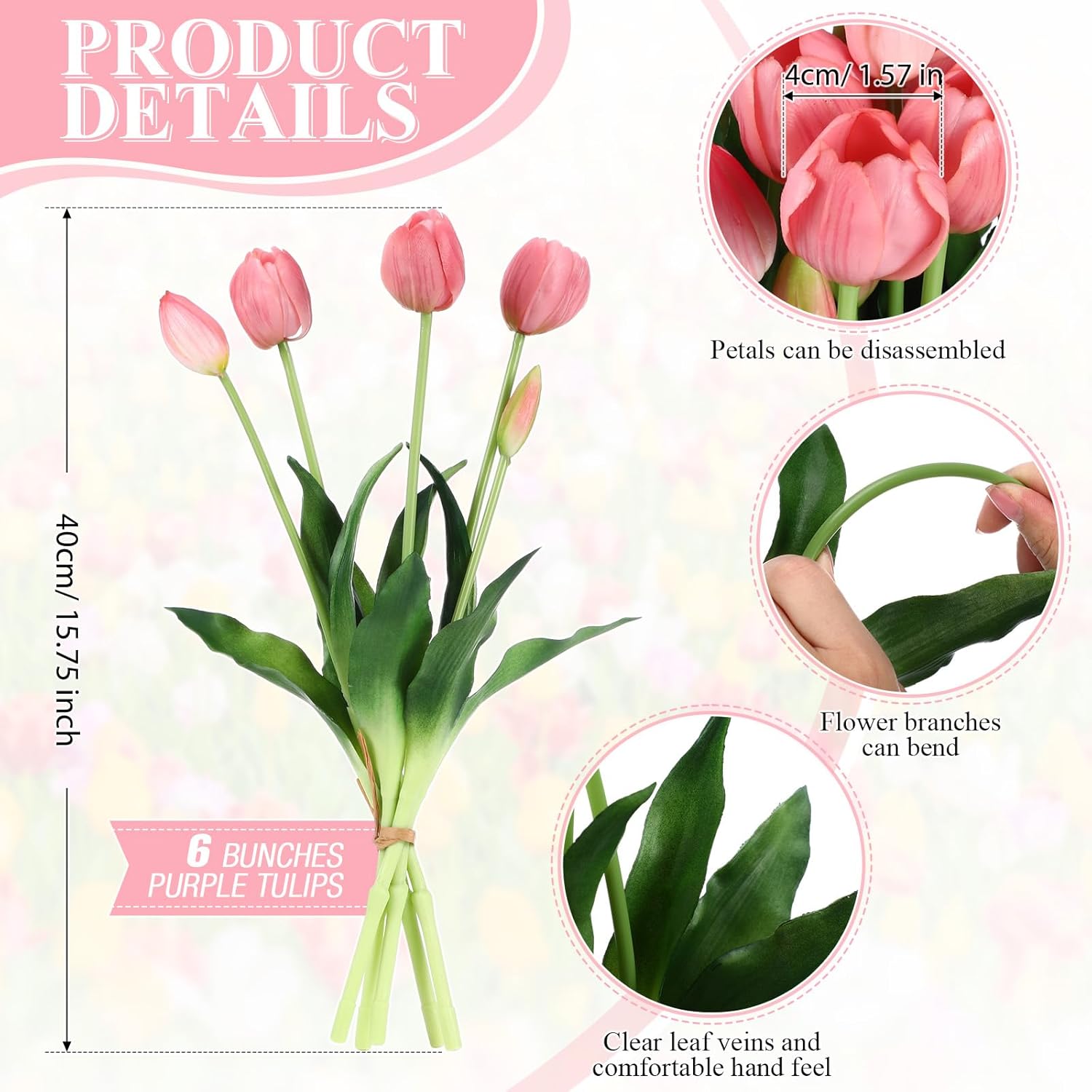 Riceshoot 6 Bunches Artificial Tulips Flowers 30 Pcs Real Touch Faux Tulips Bouquets Arrangements Realistic Flowers for Office Wedding Party Kitchen Decoration(Purple) - Image 2