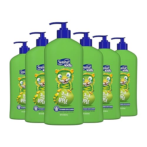 Suave Kids 3 en 1 sin lágrimas, gel de baño, champú y acondicionador, probado por dermatólogos, manzana tonta, 18 onzas, paquete de 6