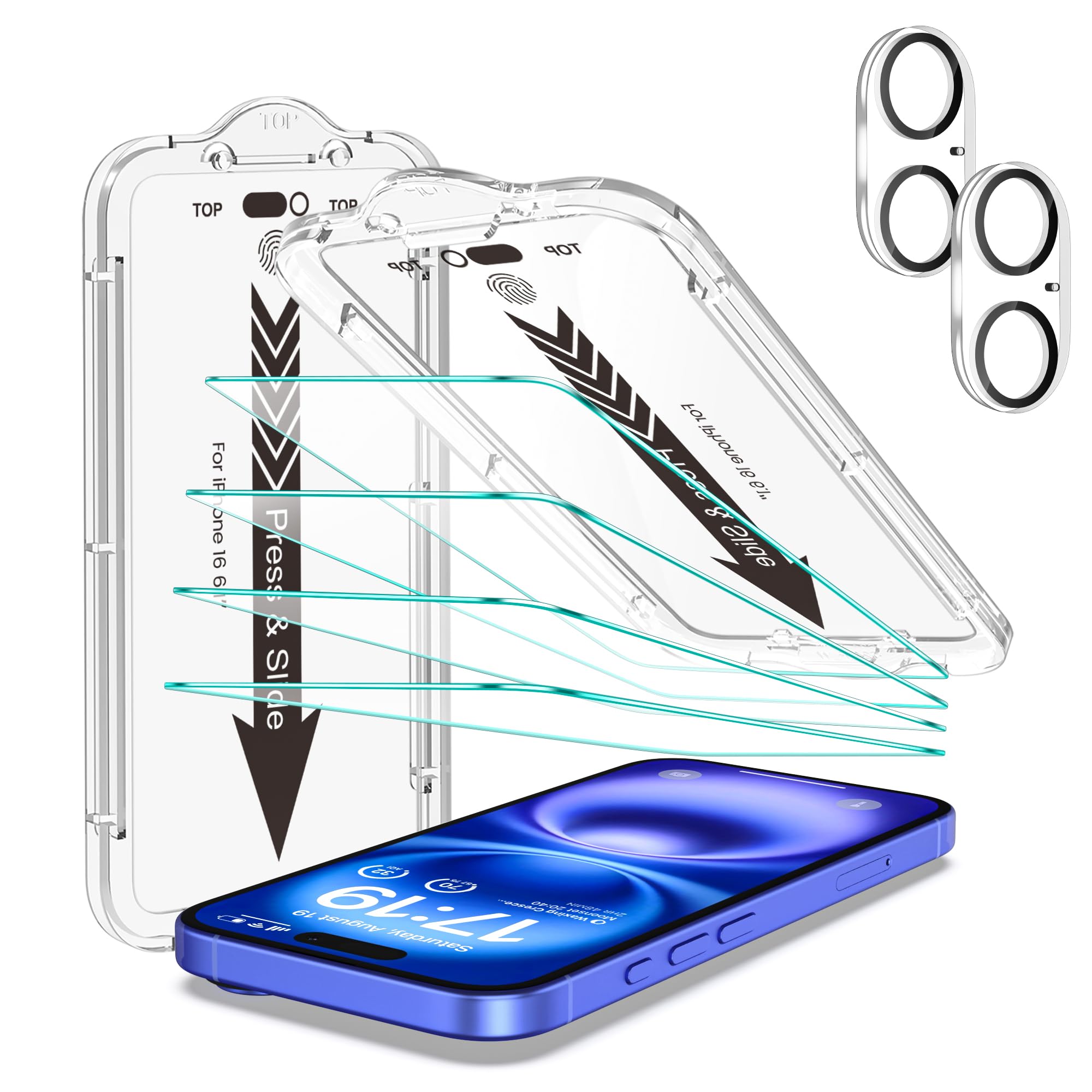 EZ-GLAZ-4+2 Pack for iPhone 16 Screen Protector (6.1") HD Clear | 2-Pack Lens Protectors, Alignment Kit, Easy Installation, Case-Friendly, 9H+ Tempered Glass, Scratch Resistant, Ultra Clear