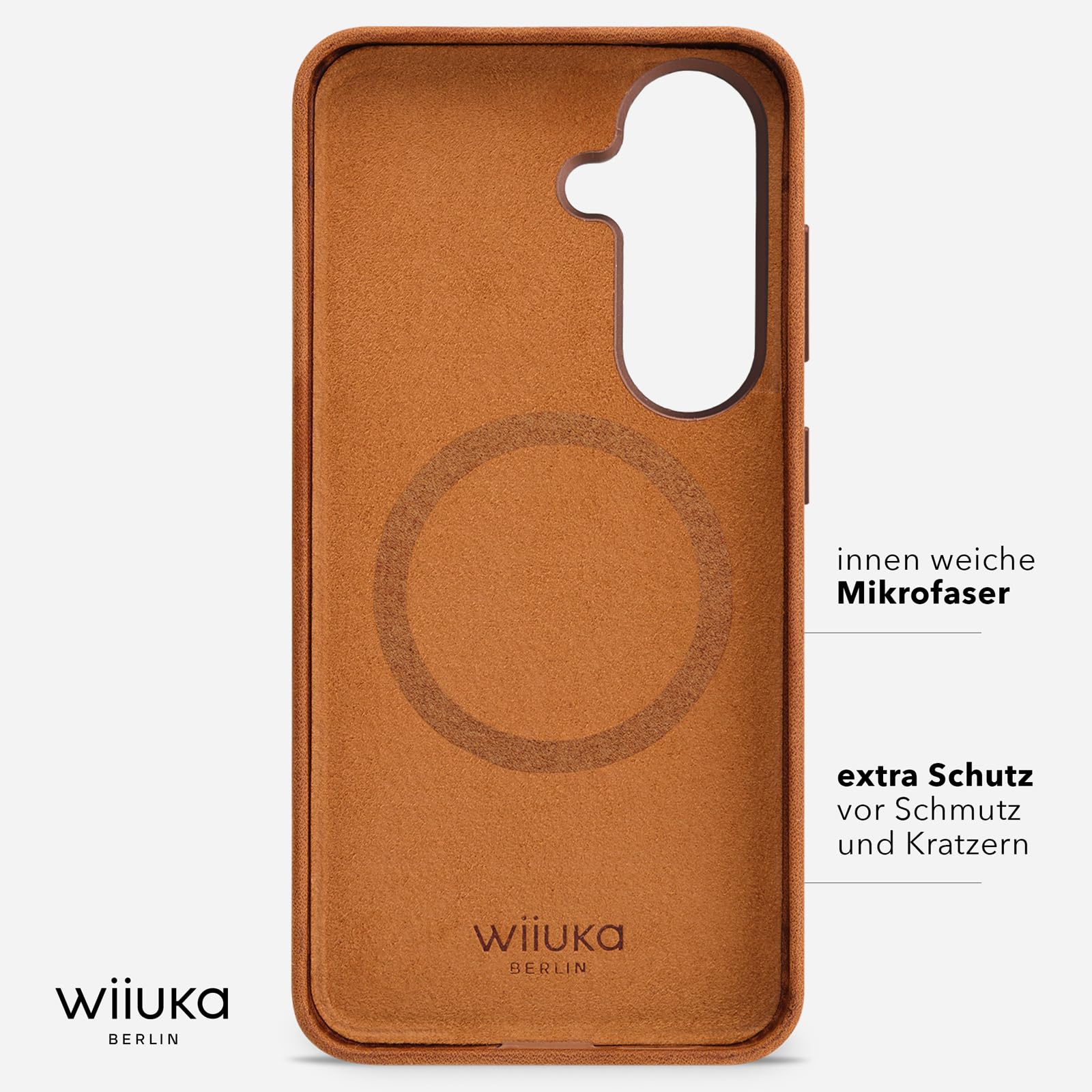WIIUKA Hülle für Samsung Galaxy S26, Leder aus Deutschland, 360° Schutz, Lederhülle extra Dünn, Premium Handyhülle, Case, Qi, für Samsung S26, skiin More Cognac