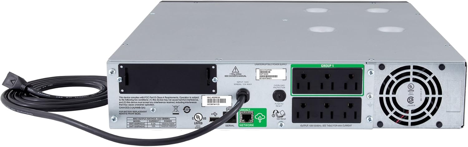 APC 1000VA Smart UPS with SmartConnect, SMT1000RM2UC Rack Mount UPS Battery Backup, Sinewave, AVR, 120V, Line Interactive Uninterruptible Power Supply