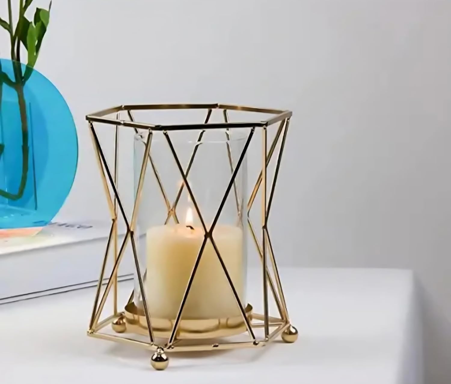 Geometric Gold Metal Candle Holder with Glass Hurricane, Pillar Candle Stand, Home Decor