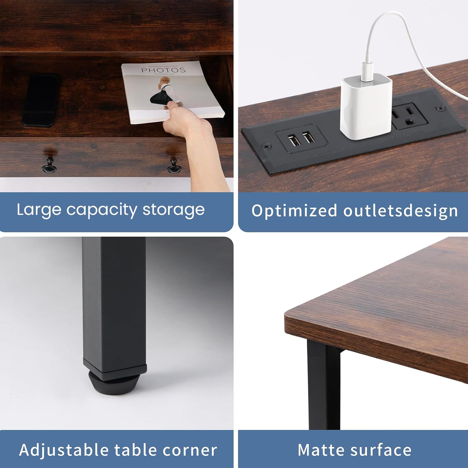 3 Wooden Drawers Night Stand, 27 Inch Wide Nightstand with Charging Station and Adjustable Drawers, Small Dresser for Closet, Bedside Table for Living Room/Bedroom/Office, Retro Brown. - Image 4