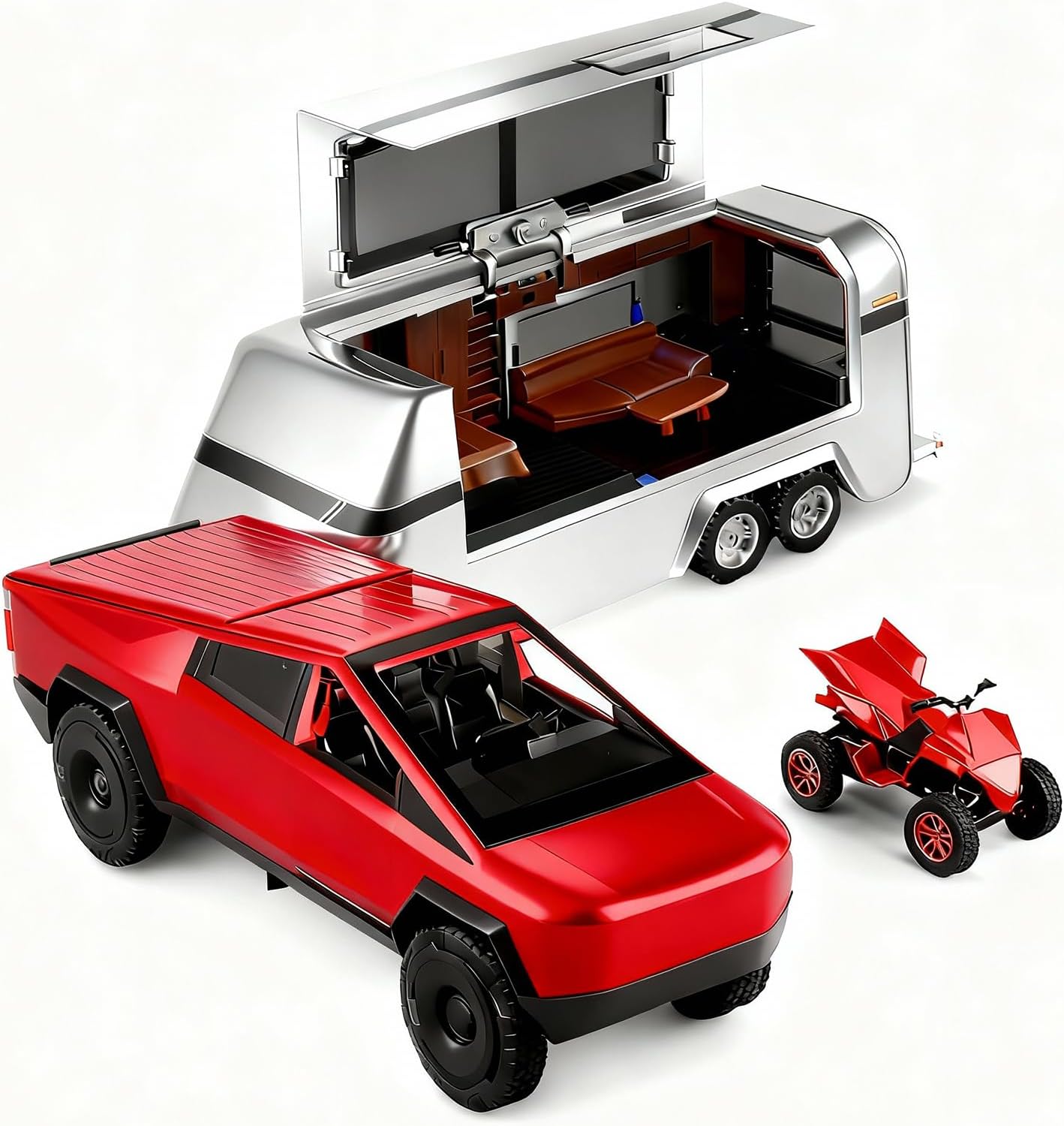 1/32 Pickup Truck Toy car 3-in-1 Travel RV Set with Metal Pickup, Removable Camper & Off-Road Motorcycle Cool Sound & Light Effects,Christmas Birthday Gift (Blue)