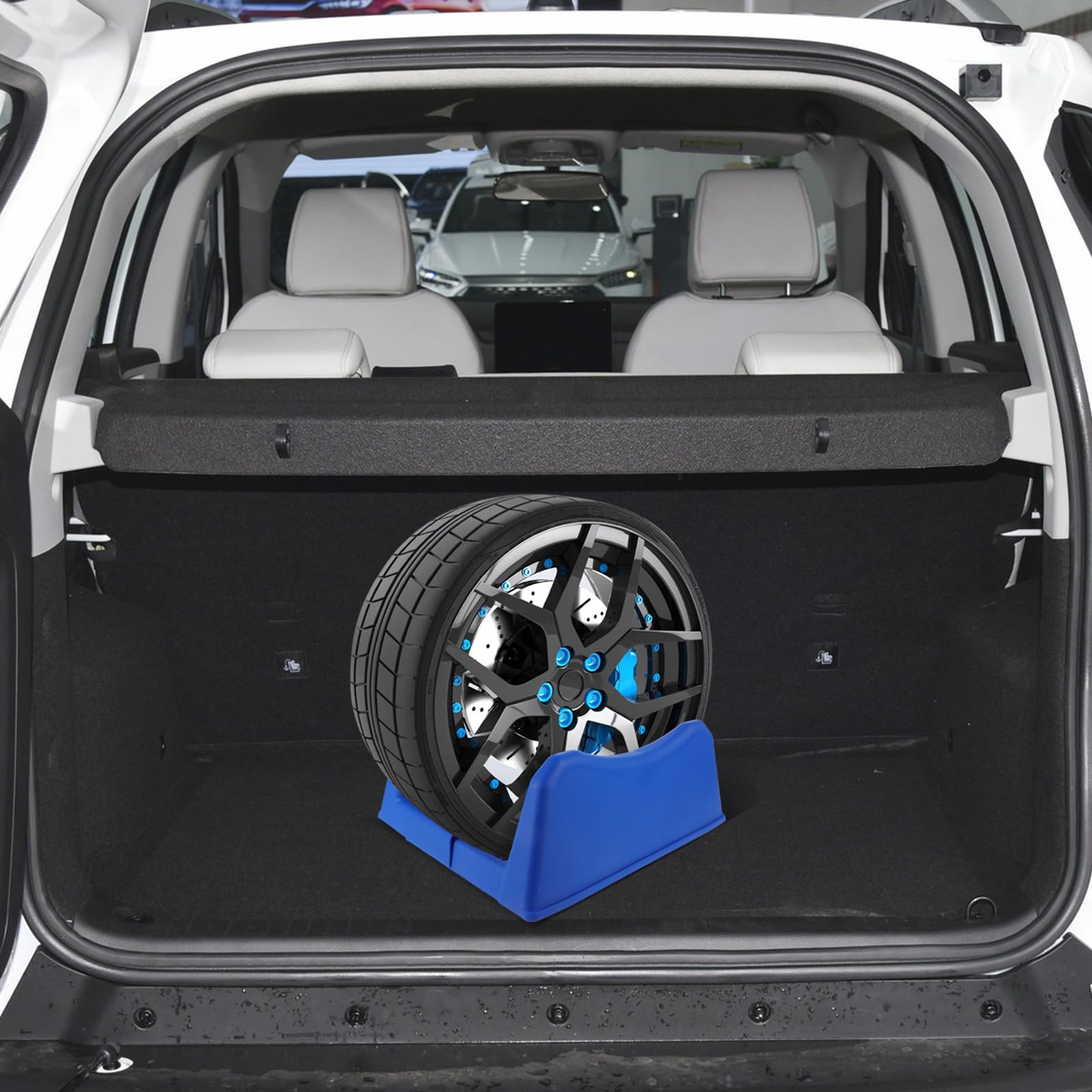 Rastrelliera Porta Pneumatici Blu con Base Mozzo Ruota, Supporto Espositore in Plastico per Uso Domestico e Garage, Soluzione Pratica per Stoccaggio e Esposizione
