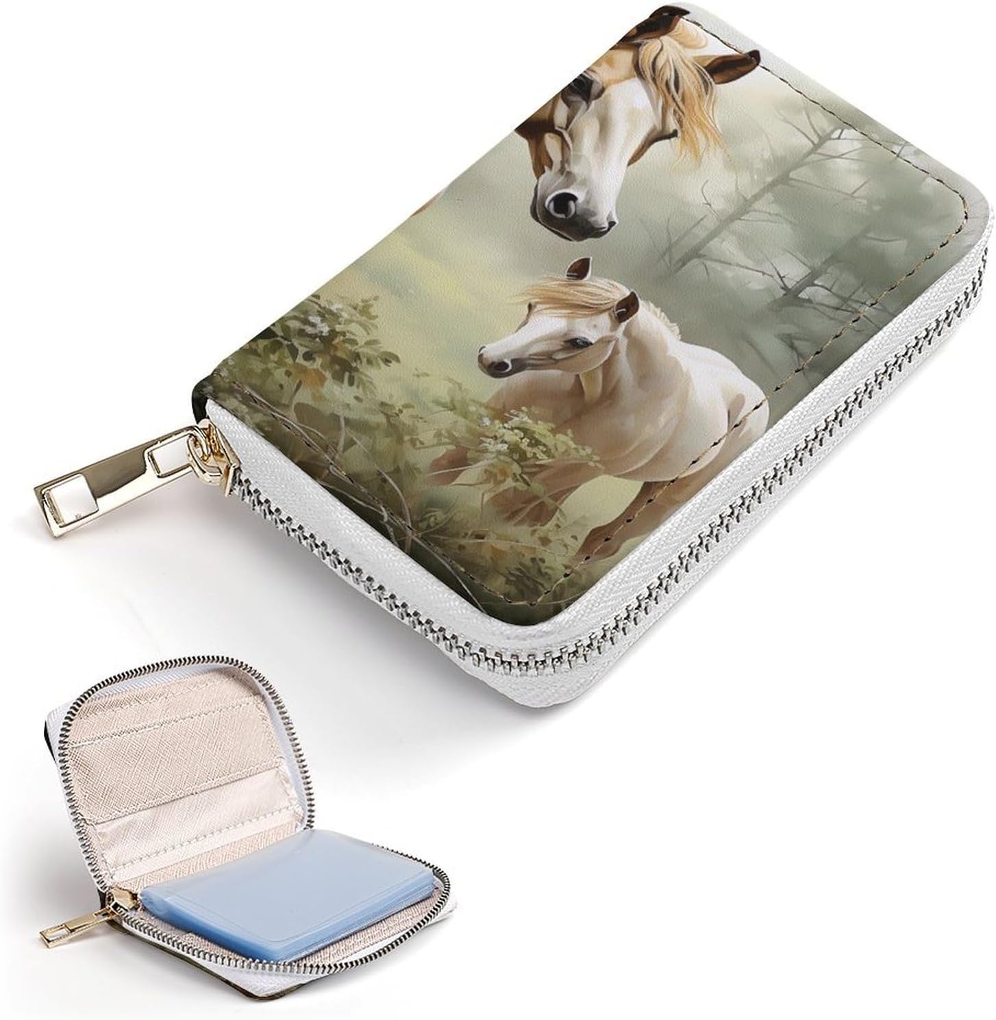 Leather Card Organizer Case Card Wallet Credit Card Holder Paintings Horses Printed Zipper Card Cases Holder for Women Men