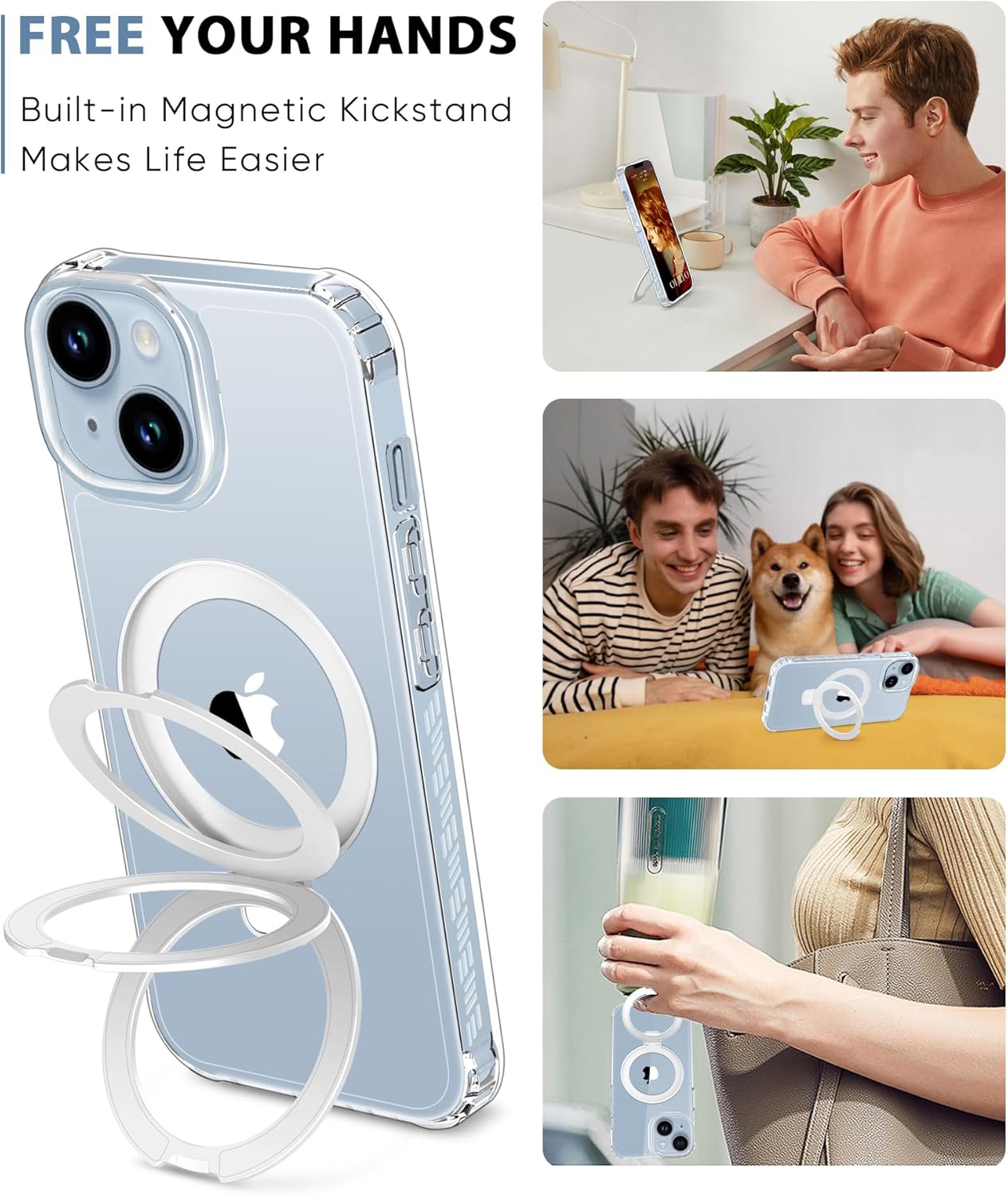 Bundle - iPhone 14 Case (Clear) + iPhone 14 Case Magnetic Stand Series (Clear), with Camera Lens Protector, Shockproof Protective Bumper Phone Case 6.1 Inch