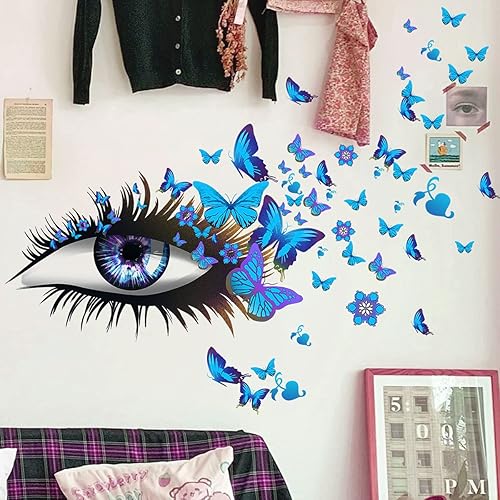 Pegatina de pared creativa con ojos de niña, calcomanías de pared de mariposa voladora, pestañas largas para niña, decoración de corazón, mural de