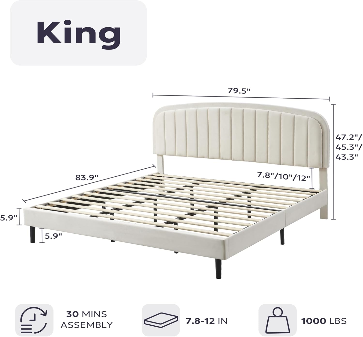 Furnify King Bed Frame, Soft Bedframe with Rounded Corners, Upholstered Velvet Fabric Platform Bed Frame with Round Headboard, Modern Style, No Box Spring Required, Easy Assembly, Beige