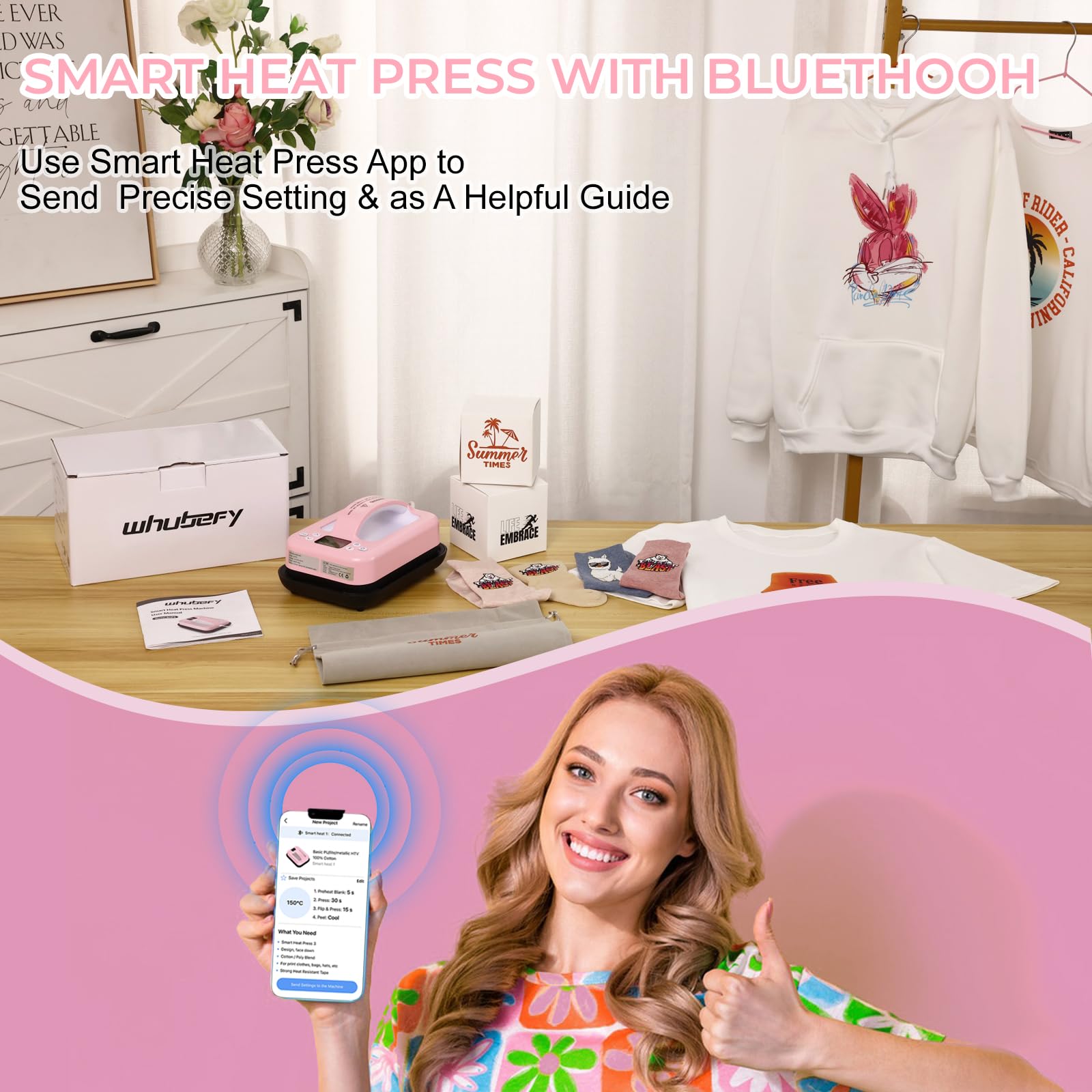 Mini-Heißpresse für T-Shirts, pink, 17 x 12 cm, tragbar, mit App-Steuerung, automatischer Abschaltung, isolierter Sicherheitsbasis, ideal für Sublimation, HTV-Vinyl-DIY-Projekte und Transferdruck