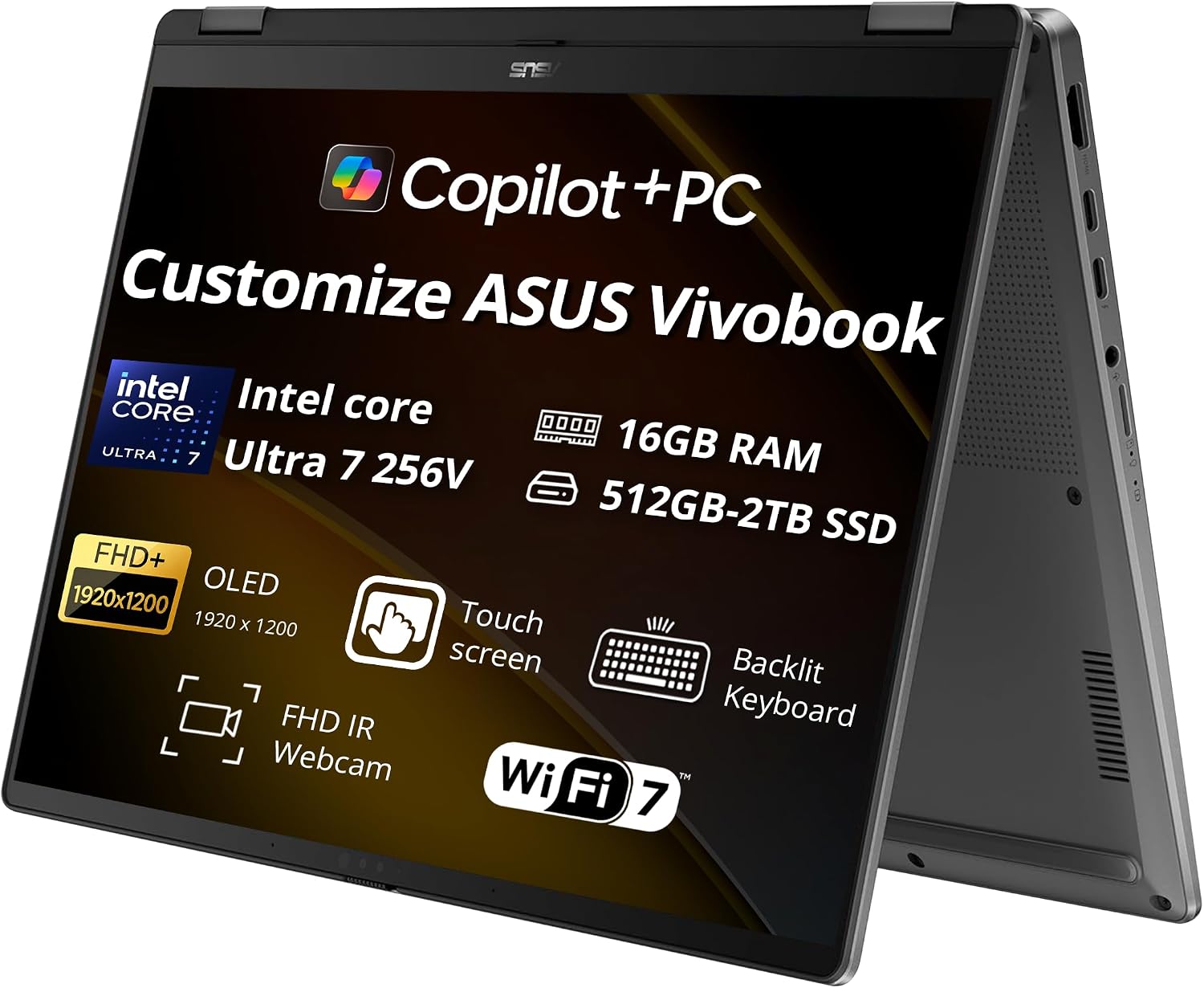 Hotface Customized Laptop, Created Using ASUS Vivobook Flip 14" WUXGA Touch 2-in-1 Laptop, Intel Ultra 7 256V, 16GB RAM, 512GB/1TB/2TB SSD, Copilot+ PC, Backlit Keyboard, Wi-Fi 7, Win 11, Gray