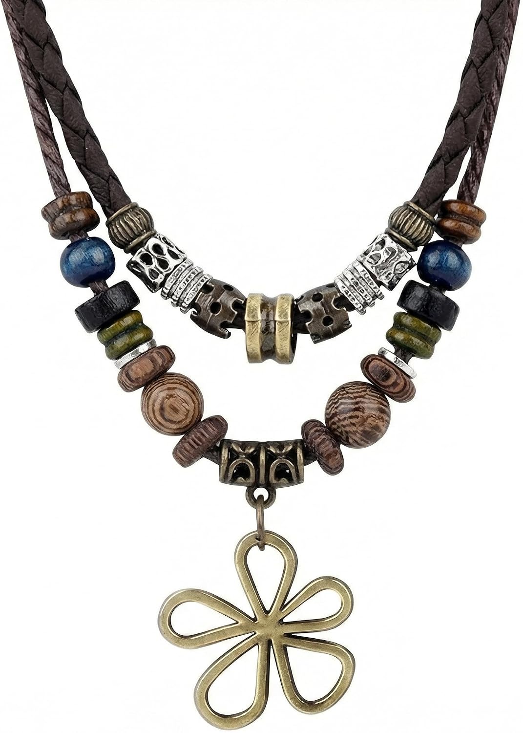 Boho Necklace for Women,Vintage Butterfly Pendant Necklaces,Adjustable Wooden Beads Layered Braided Choker,Fashion Tribal Style Leather Rope Necklace Jewelry,Chunky Statement Gift for Women