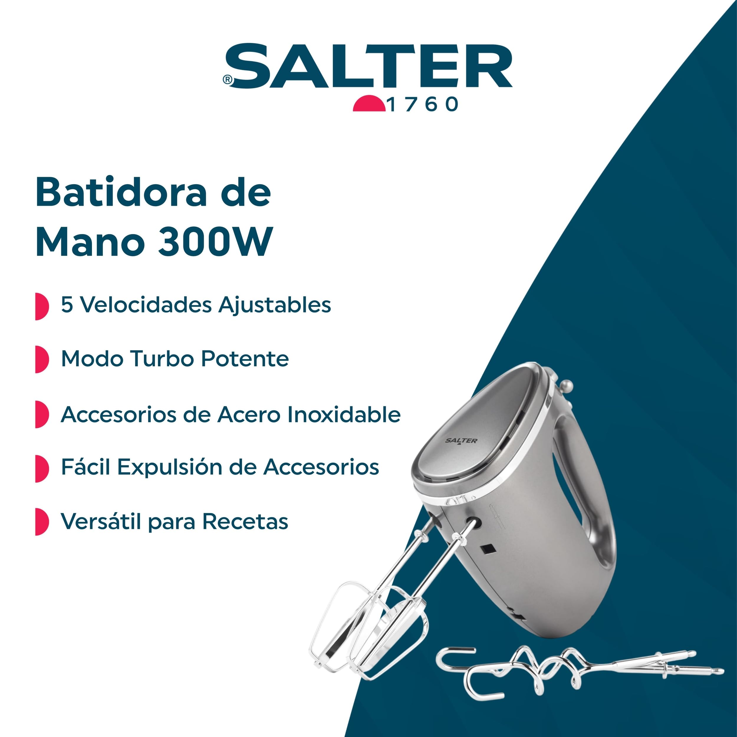 Batidora eléctrica de mano Salter EK4249COSVDEEU10, con batidores y ganchos amasadores, 5 velocidades ajustables y modo turbo, para batir y mezclar alimentos, colección Cosmos, gris, 300 W