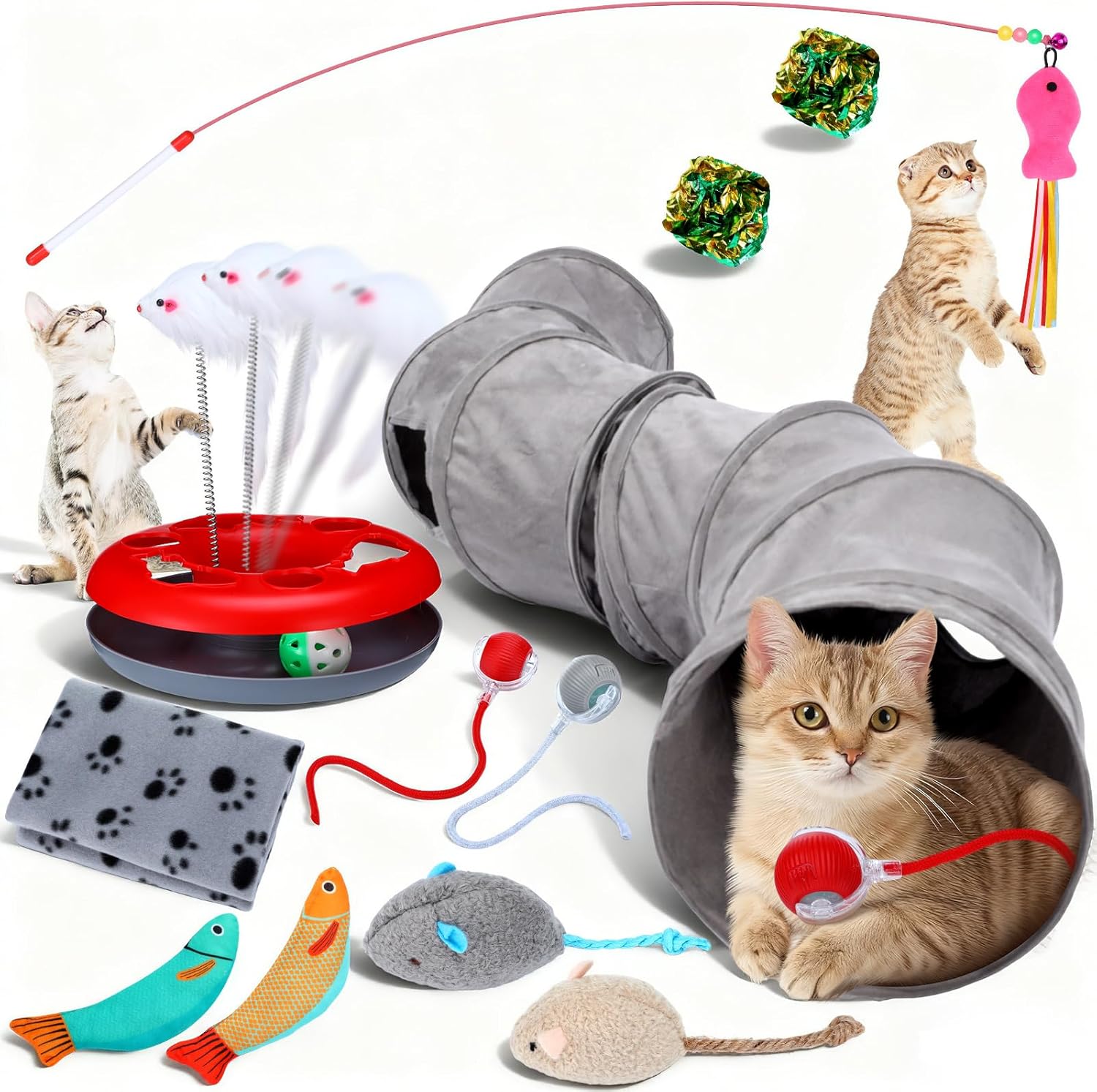 12pcs Cat Tunnel Set Large Collapsible Pet Tunnel Tube S-Shaped Maze Cats Indoor Cat Toy with Stick Pet Blanket Turntable Toy Balls Mice Fish and Noise Paper Ball Kitten Exercise Play