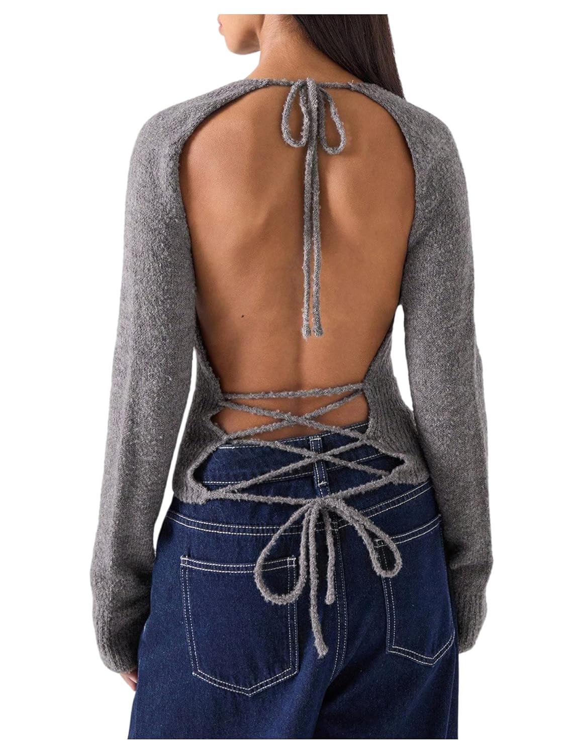 MakeMeChic Womens Open Back Lace Up Sweater Crew Neck Long Sleeve Y2k Pullover Tops
