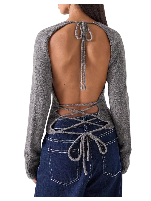 MakeMeChic Womens Open Back Lace Up Sweater Crew Neck Long Sleeve Y2k Pullover Tops