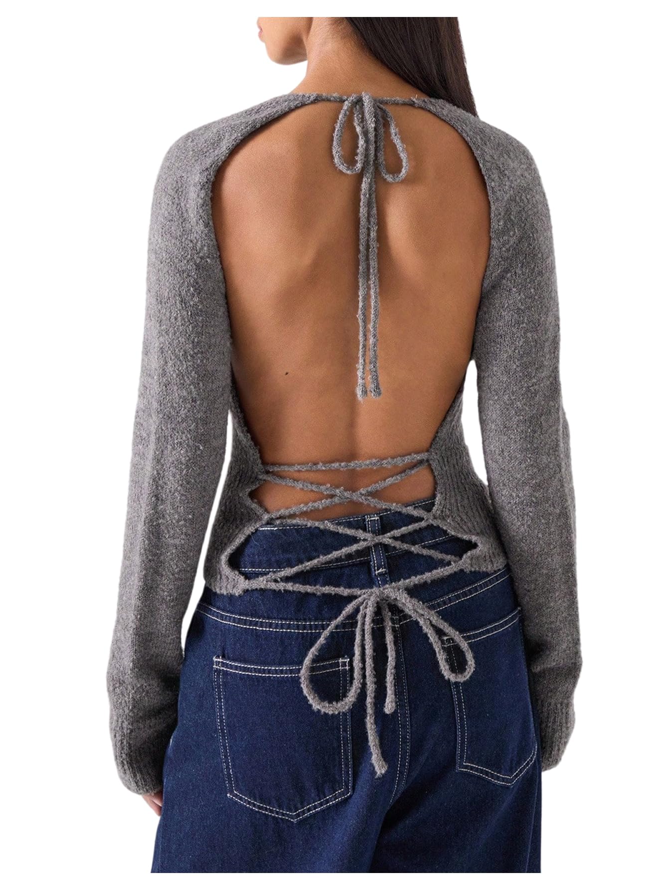 MakeMeChic Womens Open Back Lace Up Sweater Crew Neck Long Sleeve Y2k Pullover Tops