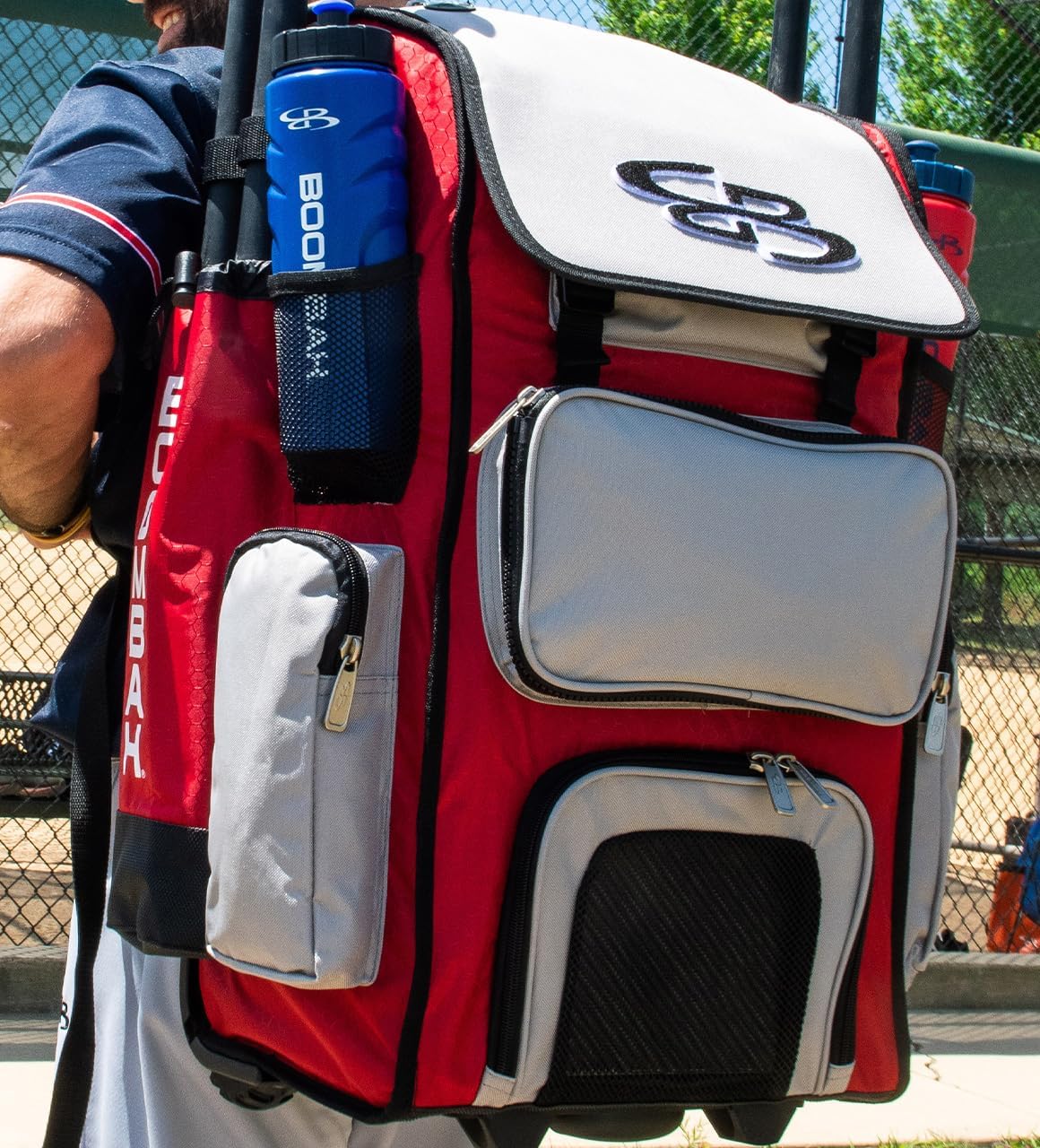Boombah Superpack Hybrid Rolling Bat Bag: USA Old Glory Navy, Red & White. Baseball Softball Bag with Wheels Holds 4 Bats, Ventilated Shoe Compartment, Telescopic Handle, Rolling & Backpack Version