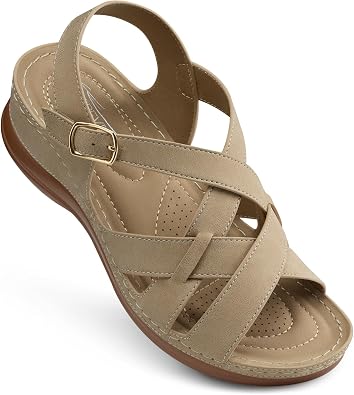 SHIBEVER Flat Sandals for Women Comfortable Adjustable Buckle Ankle Strap Strappy Sandals Dressy Casual, Summer Walking Shoes for Beach Travel