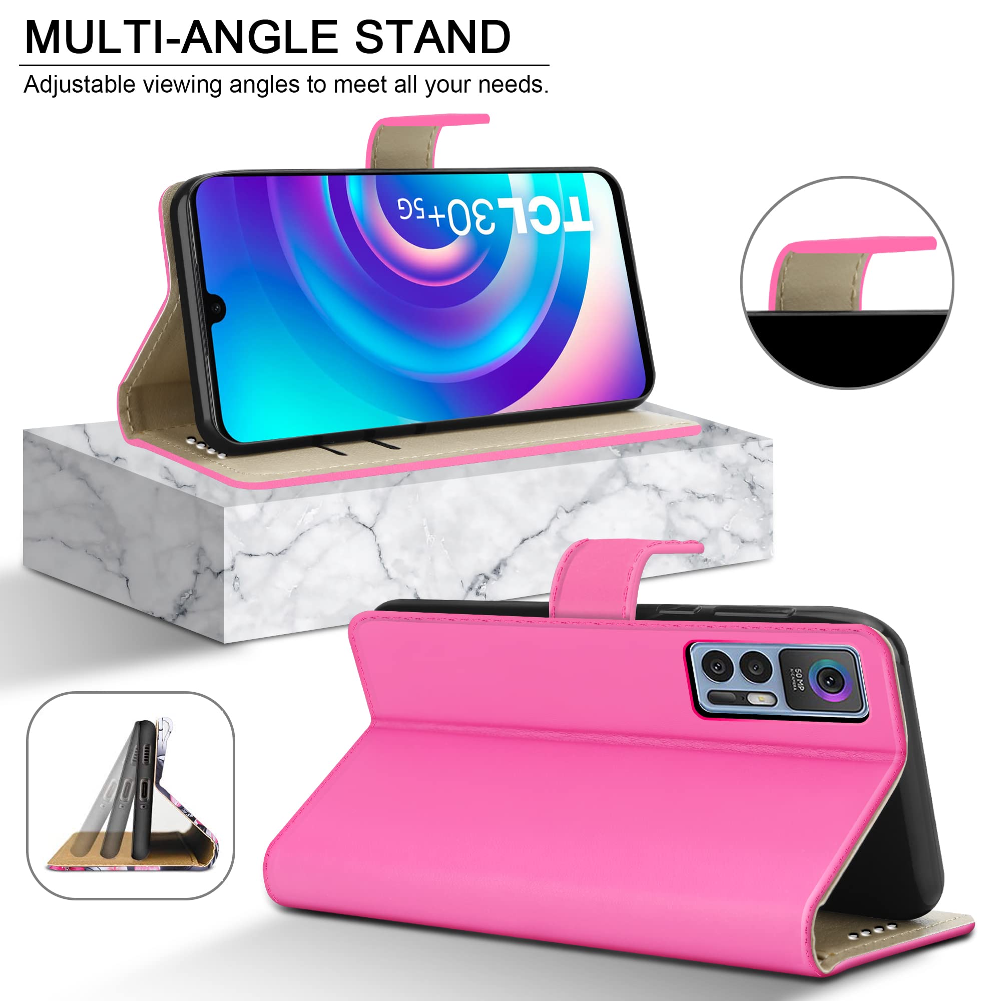 Custodia in pelle per TCL 30 / TCL 30+ Plus, chiusura magnetica, protezione completa a libro, custodia a portafoglio [slot per schede] e [cavalletto] per TCL 30 / TCL 30 Plus - Rosa