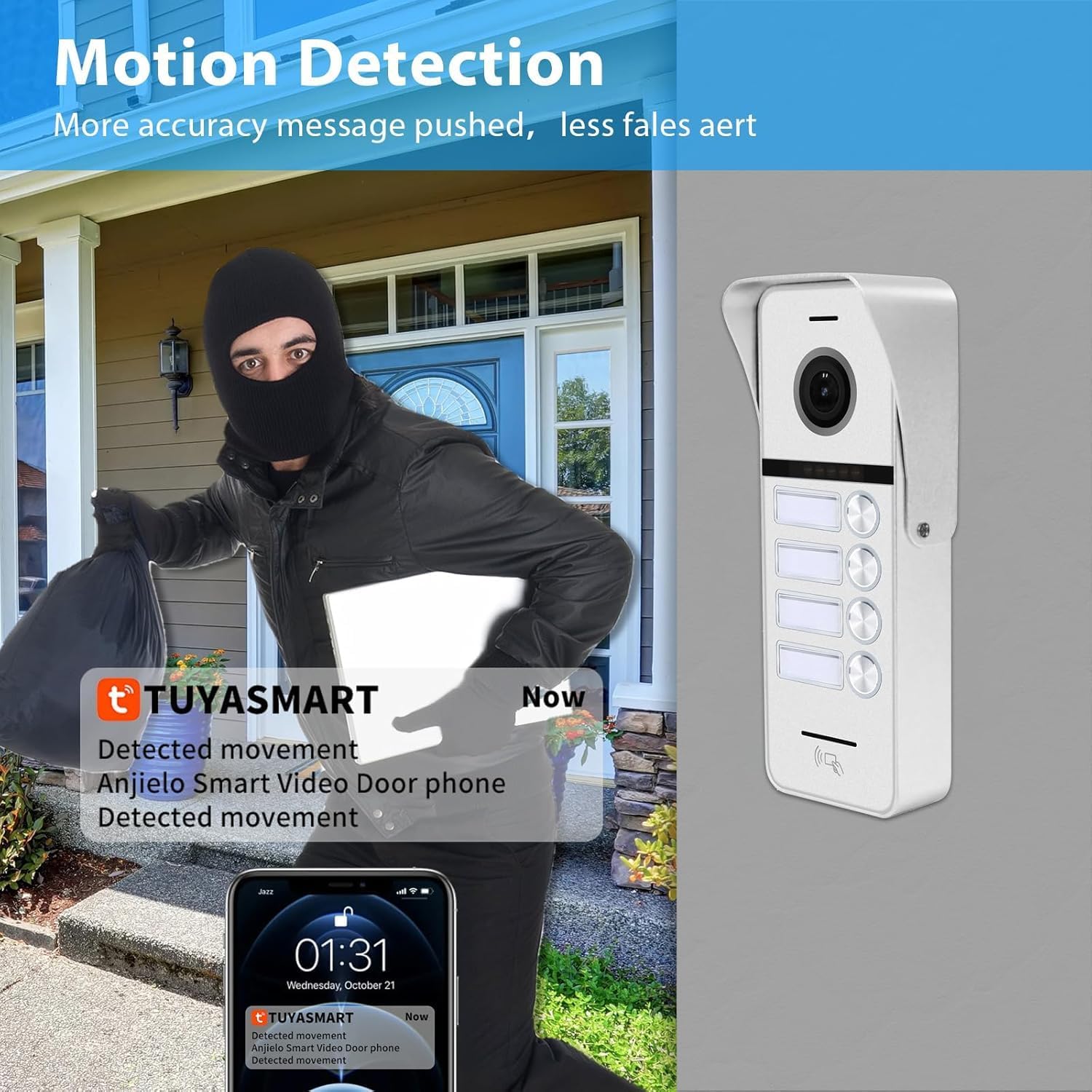 Wired Apartment Video Doorbell Intercom System,4 Units 10 Inch Touch WiFi Monitor,Setting The Monitoring Range,Wireless Video Door Phone Kit,Motion Detection (1 White doorbell+4 White Monitor)