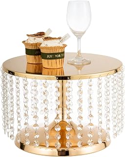LoveCat 12in Dia. Crystal Gold Cake Stand - 8in Tall Round Dessert Cupcake Holder, Metal Cake Plate with Crystal Pendants, Elegant Pastry Display Stand for Wedding Birthday Party Christmas Home Decor