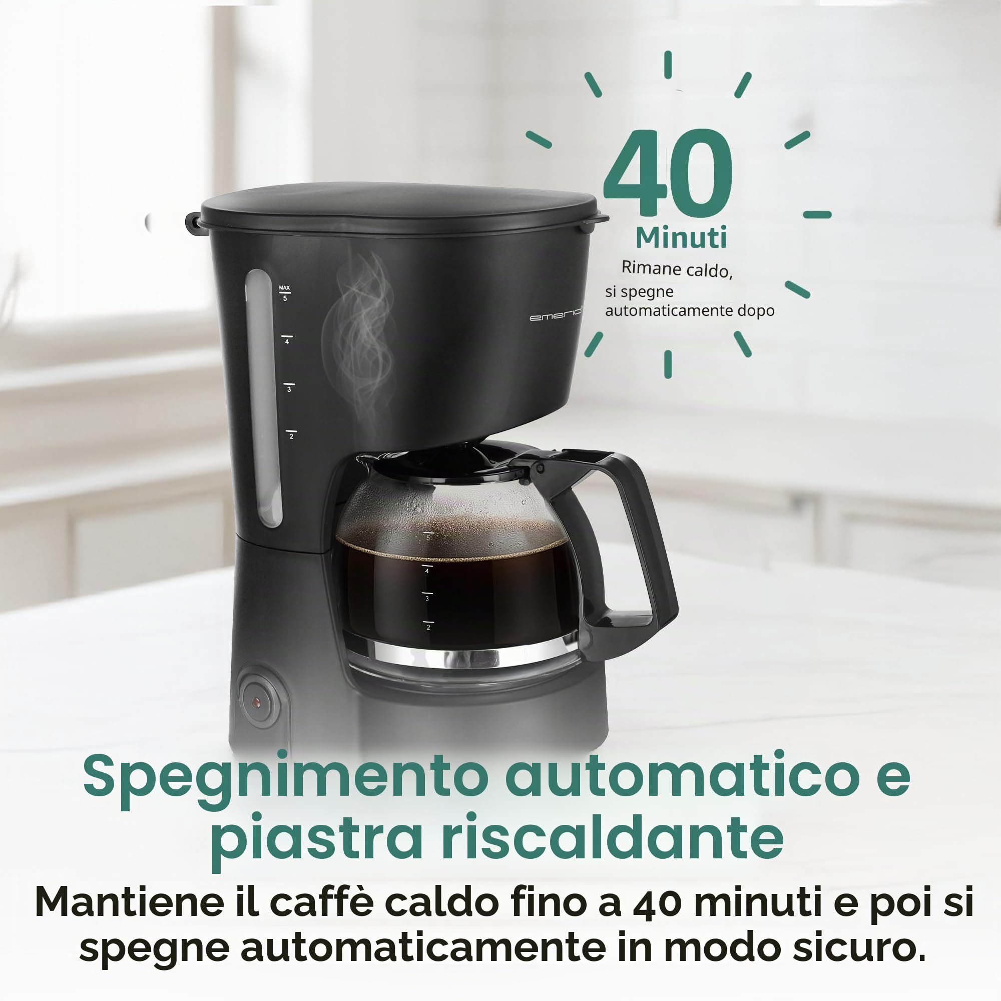 Emerio CME-116801 - Caffettiera in vetro da 0,6 l, per fino a 5 tazze di caffè fresco, filtro permanente rimovibile, funzione antigoccia, 40 minuti, spegnimento automatico, 600 Watt, senza BPA,